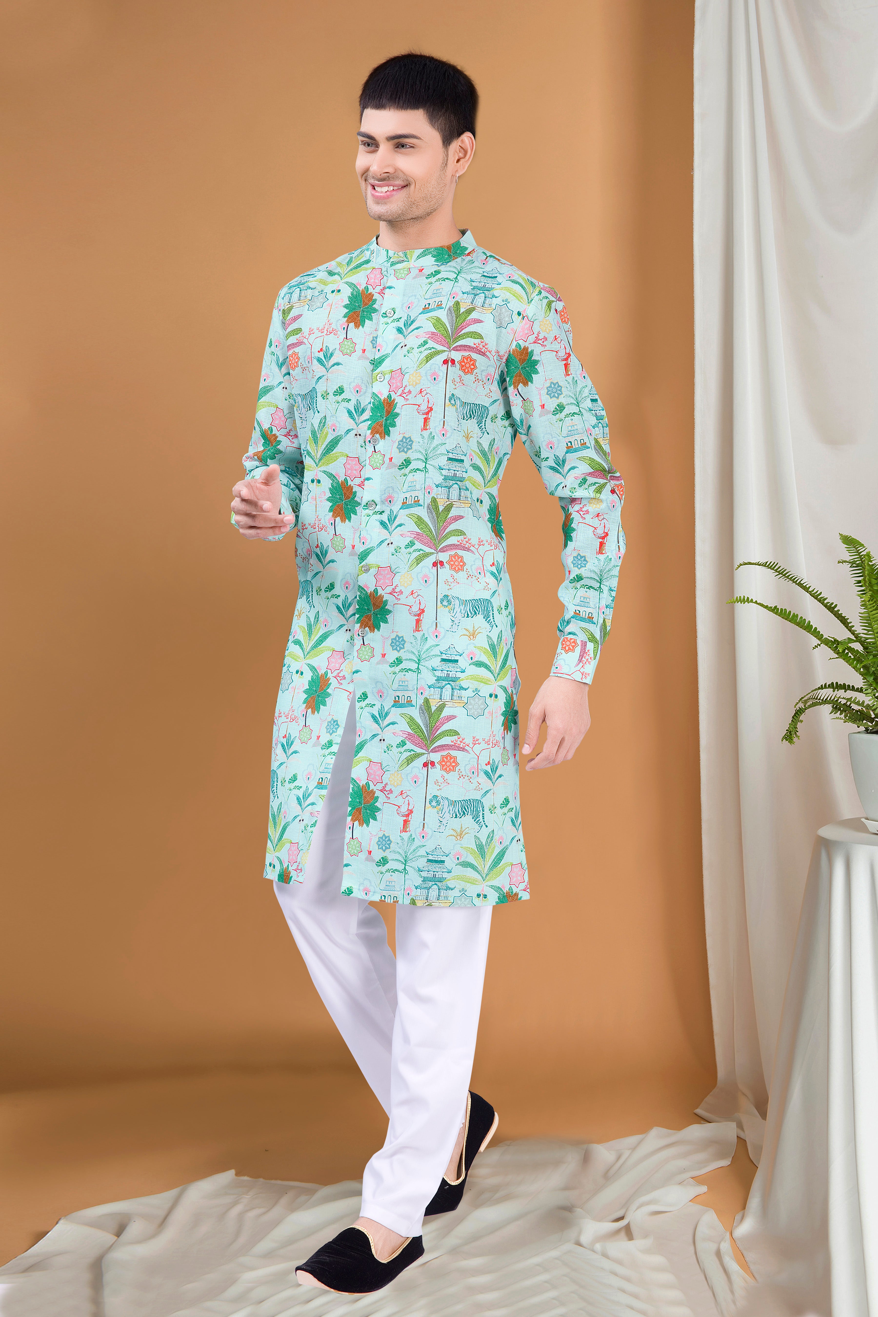 Forest Green Tropical Paradise Cotton Kurta