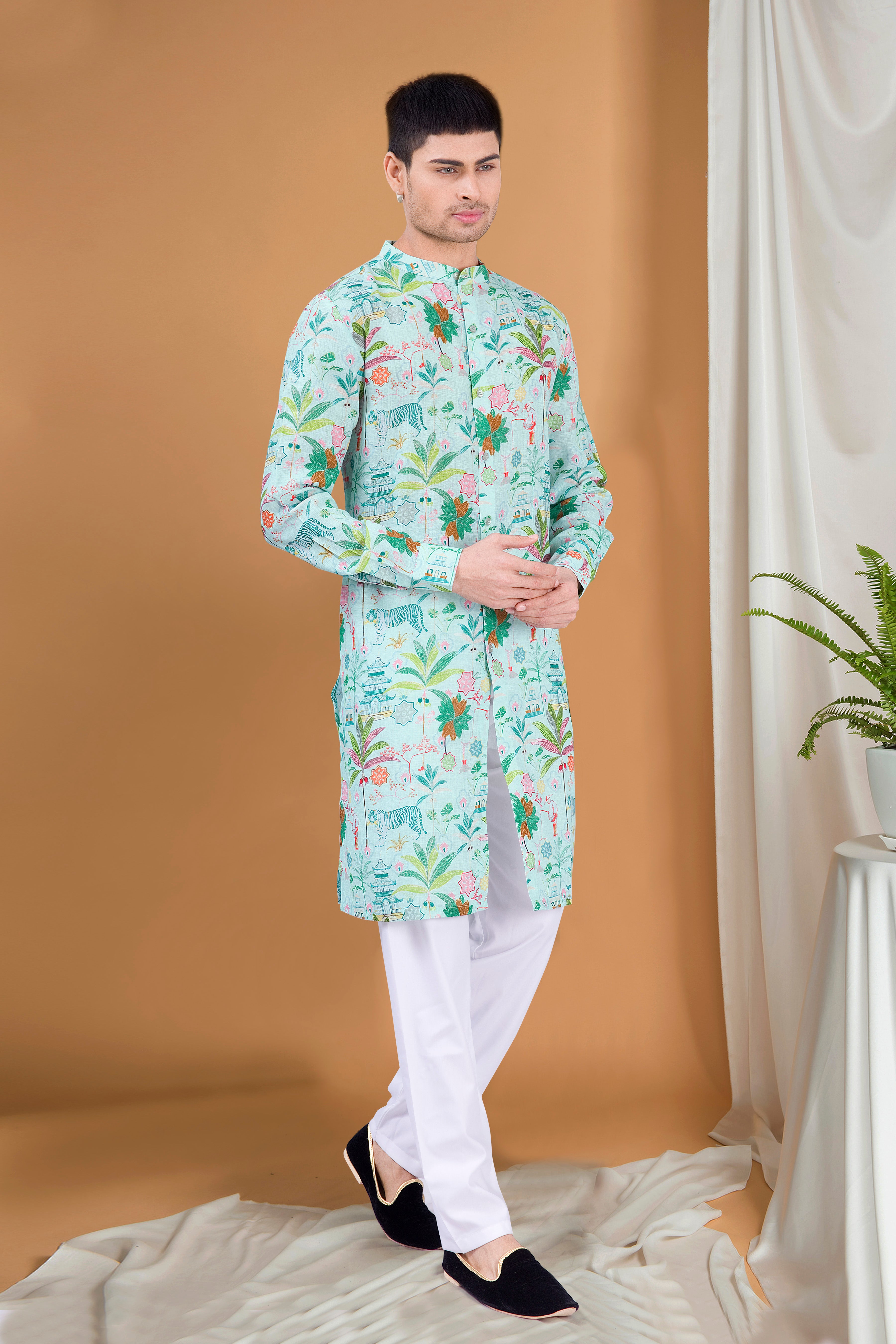 Forest Green Tropical Paradise Cotton Kurta