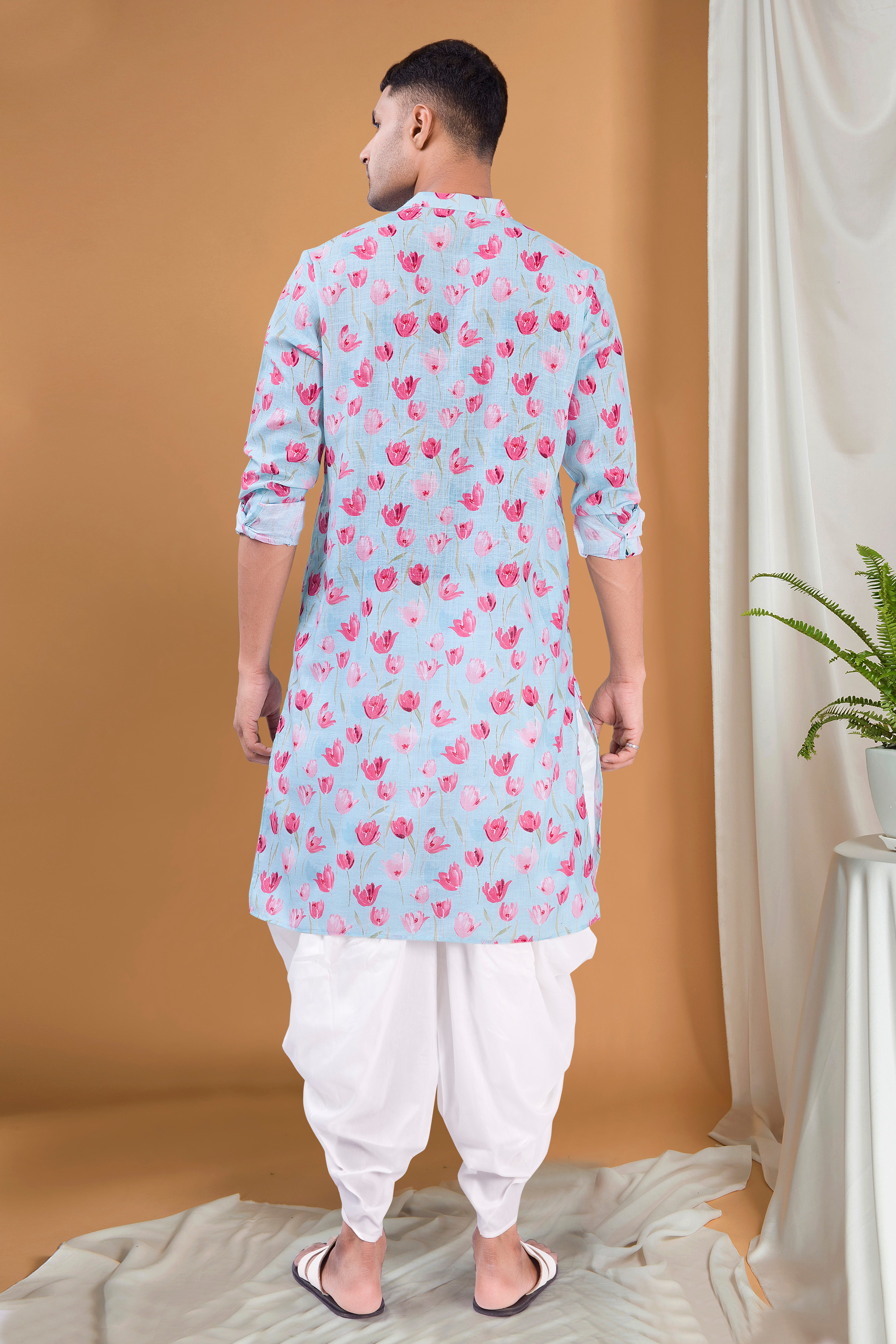 Azure Blue Tropical Paradise Cotton Kurta Peshawari Set