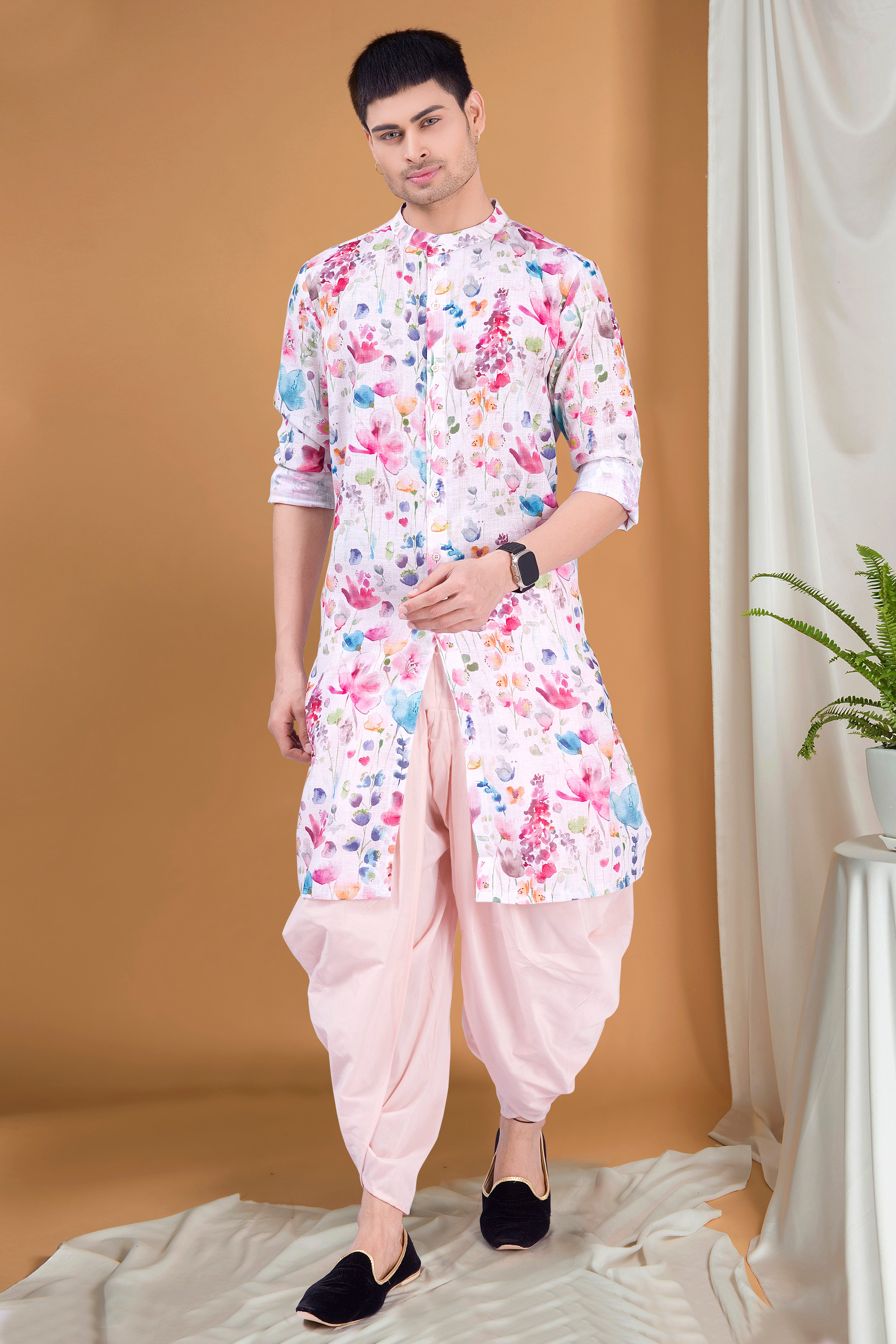 Butter Cream Tropical Paradise Kurta Peshawari Set