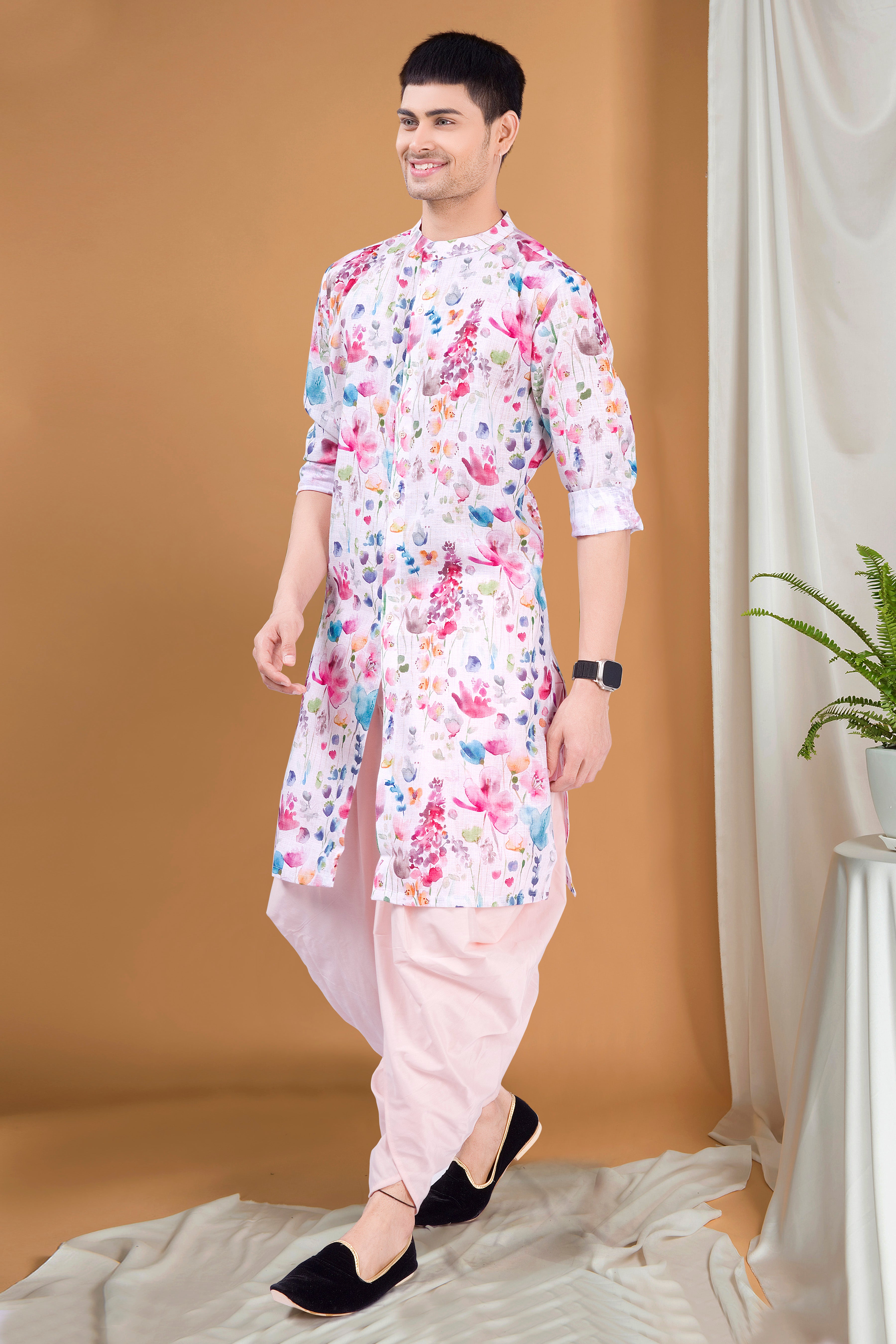 Butter Cream Tropical Paradise Kurta Peshawari Set