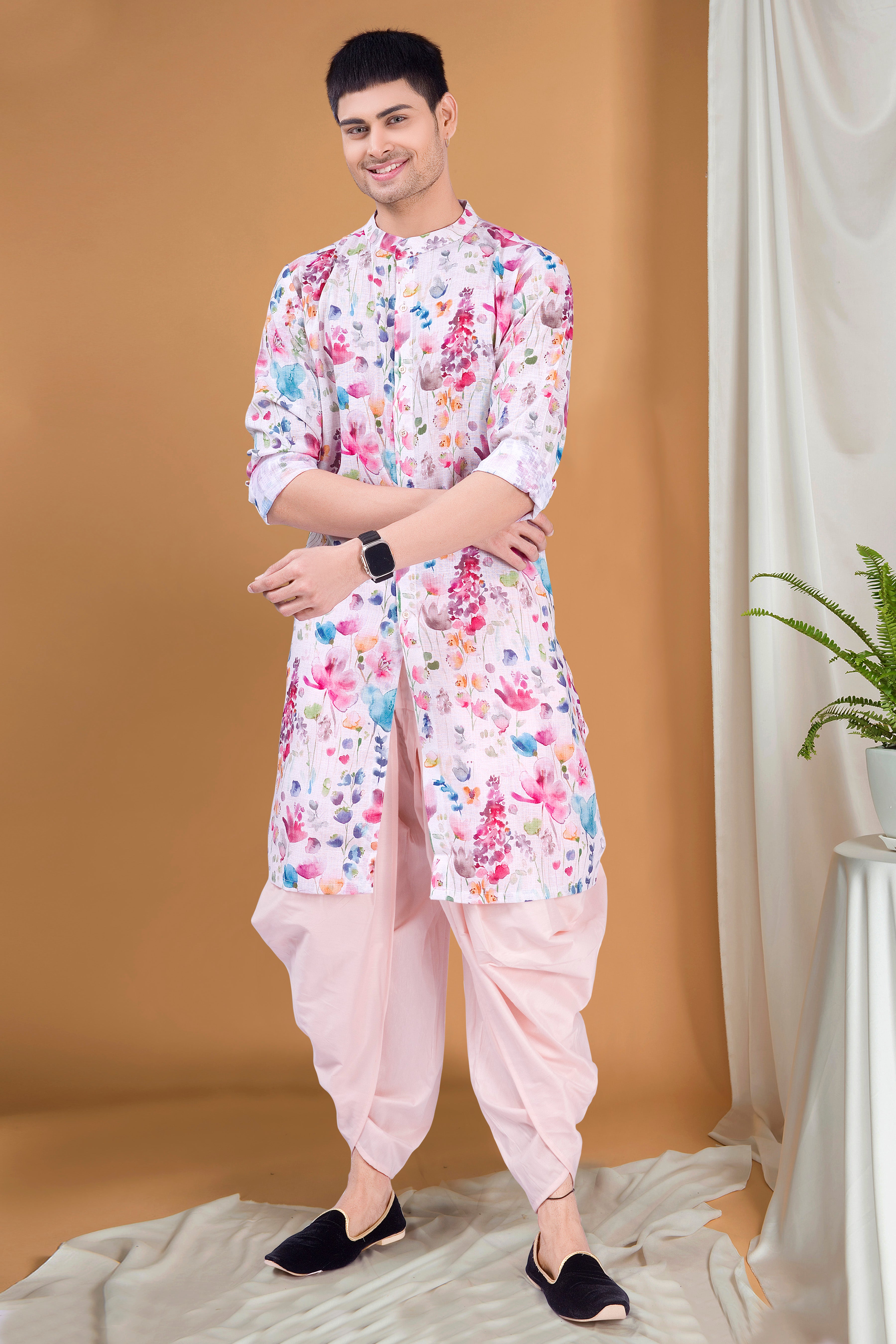 Butter Cream Tropical Paradise Kurta Peshawari Set