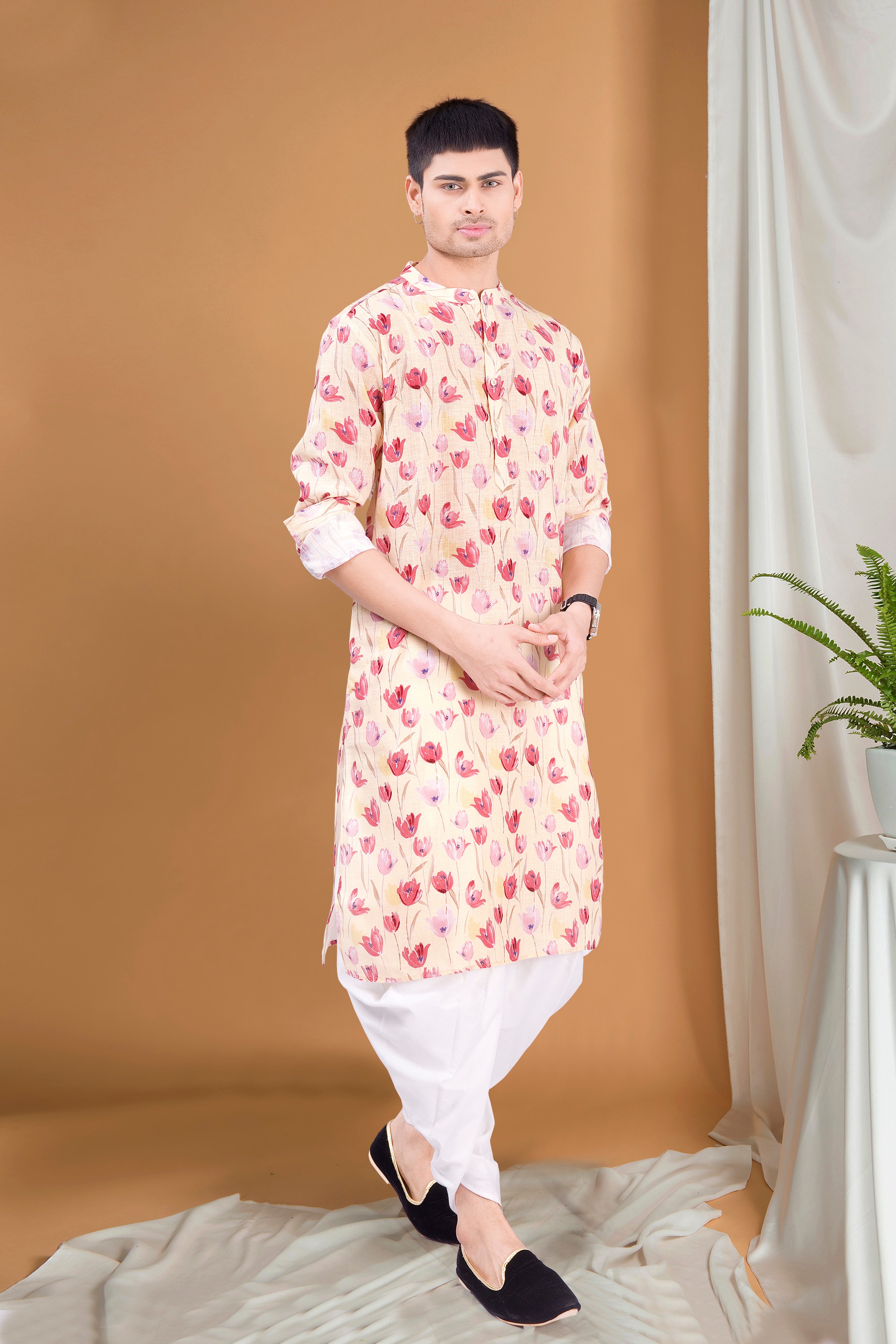 SunShine Yellow Tropical Paradise Cotton Kurta Peshawari Set