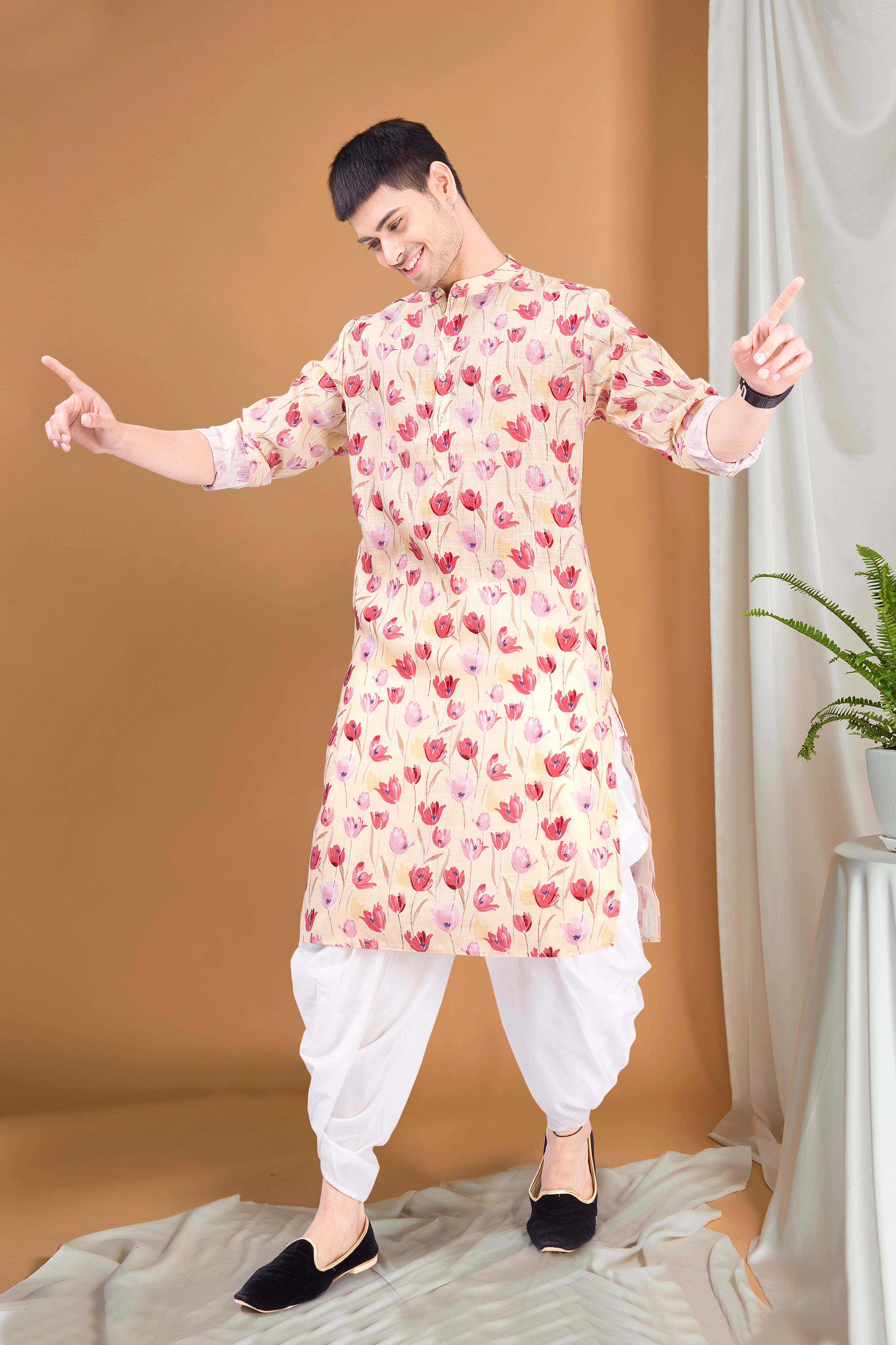 SunShine Yellow Tropical Paradise Cotton Kurta Peshawari Set