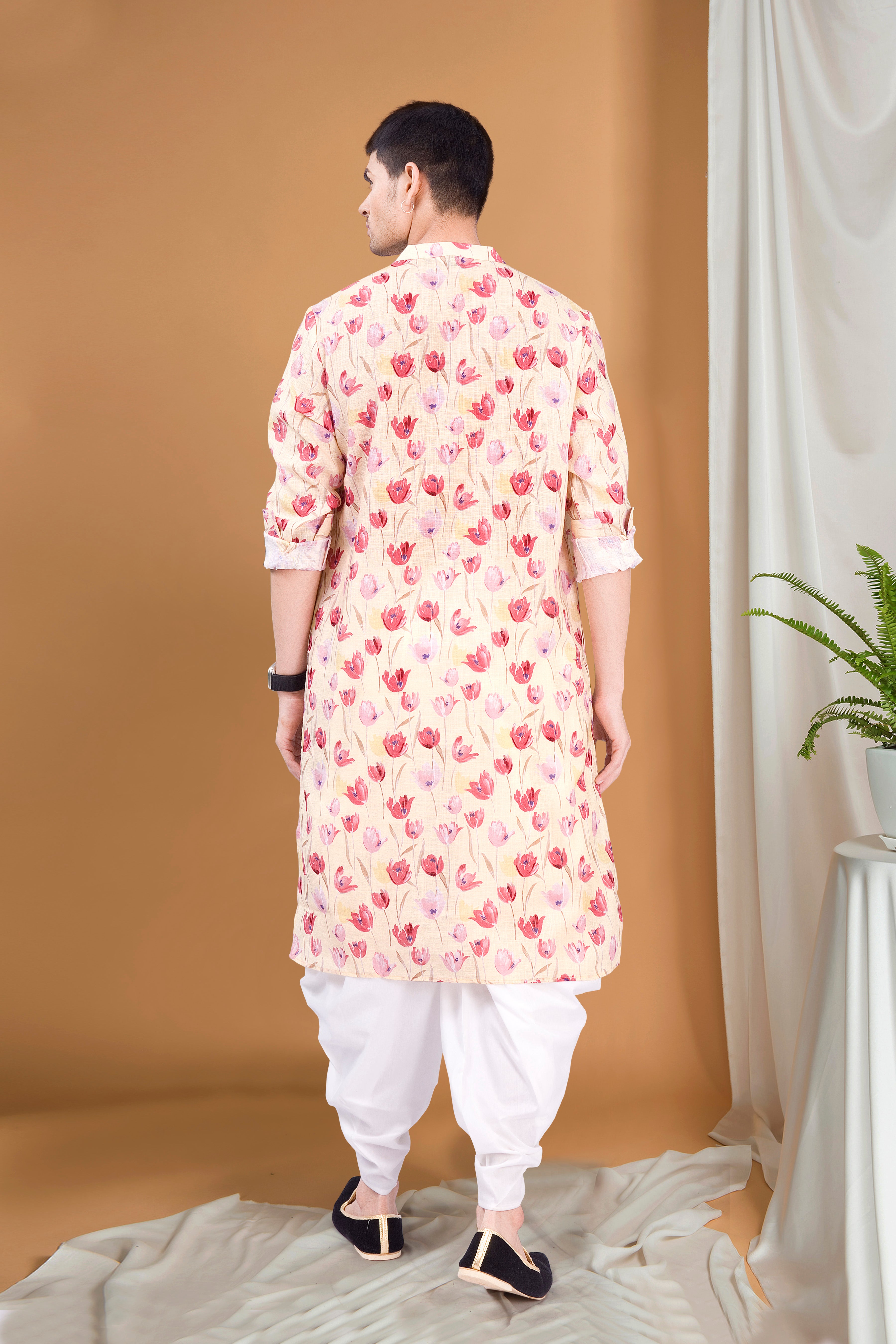 SunShine Yellow Tropical Paradise Cotton Kurta Peshawari Set