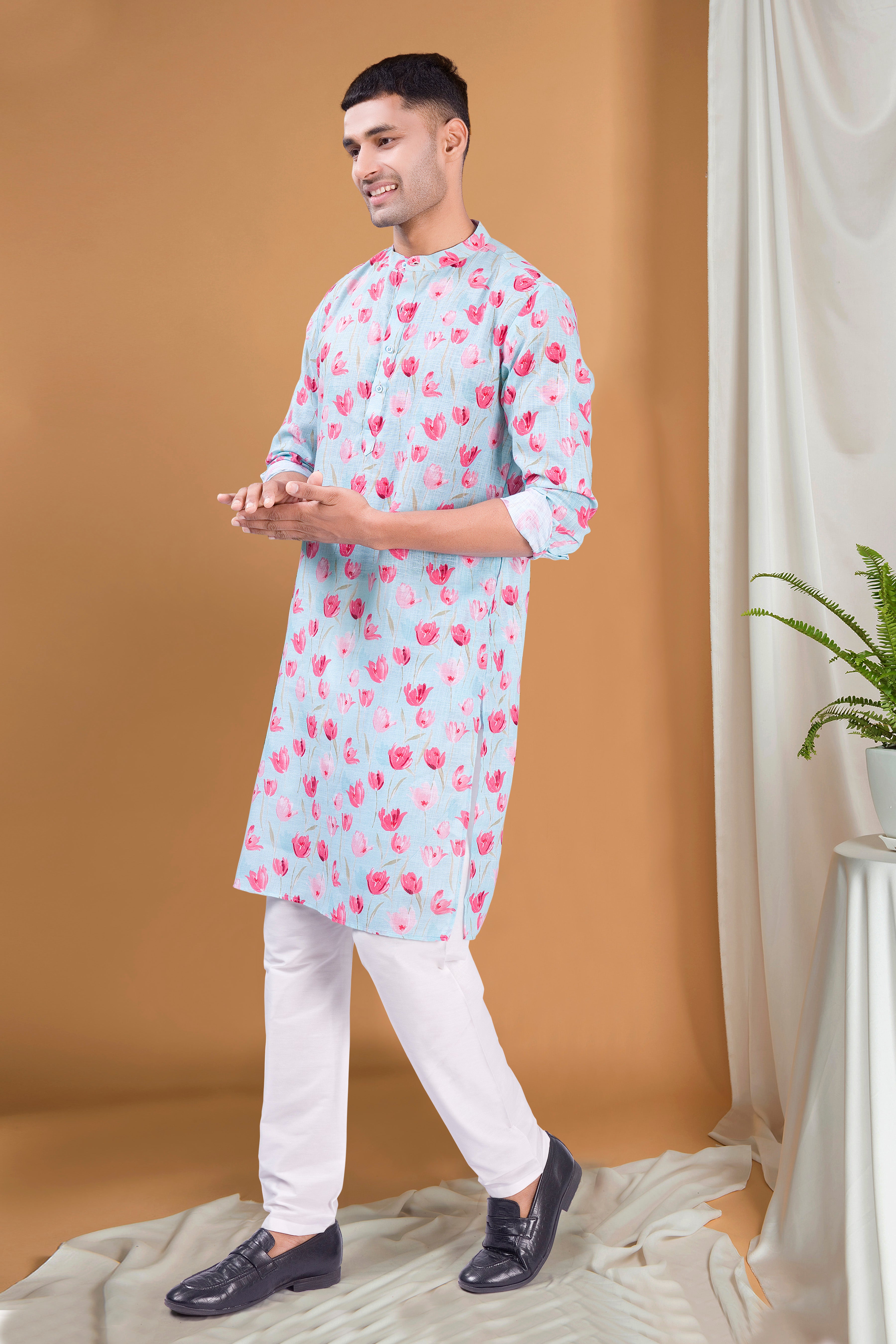 Azure Blue Tropical Paradise Cotton Kurta