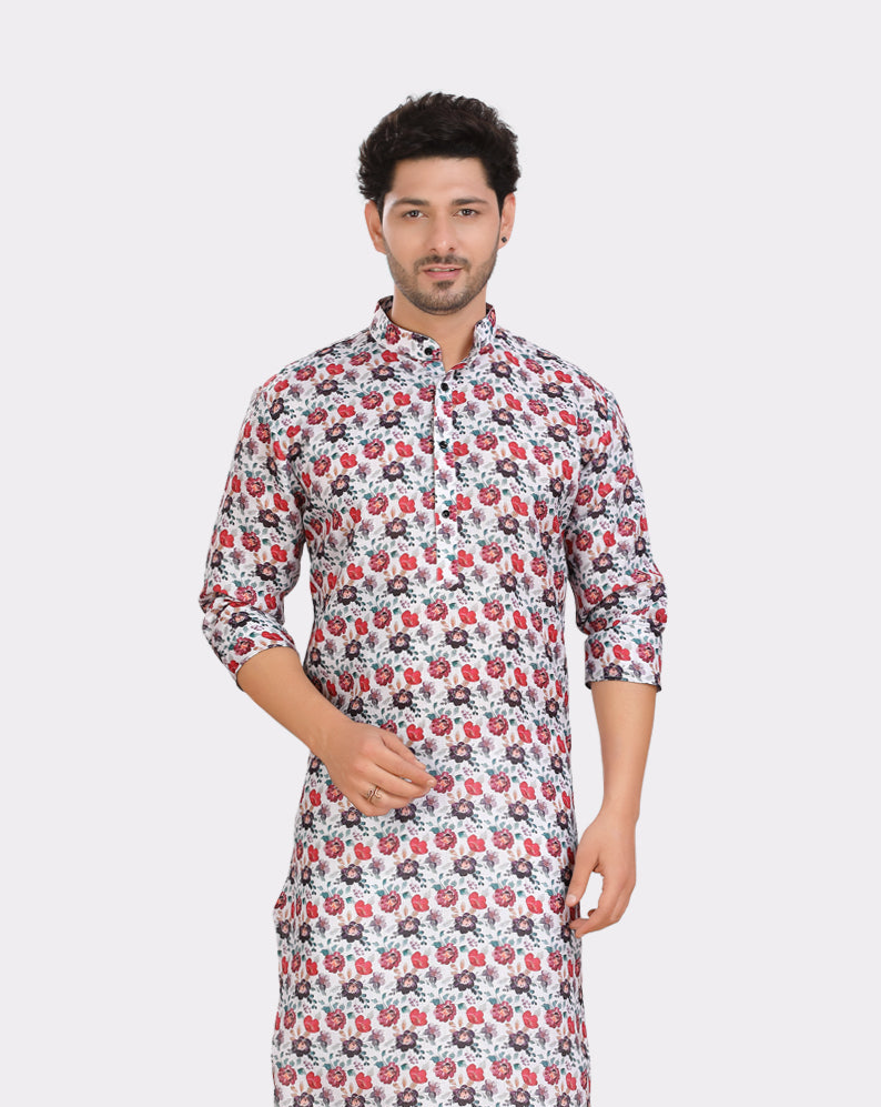 Off White Cotton Printed Kurta