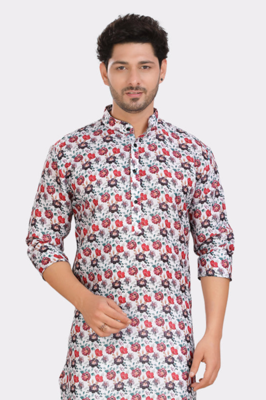 Pearl White Cotton Printed Kurta Pajama Set