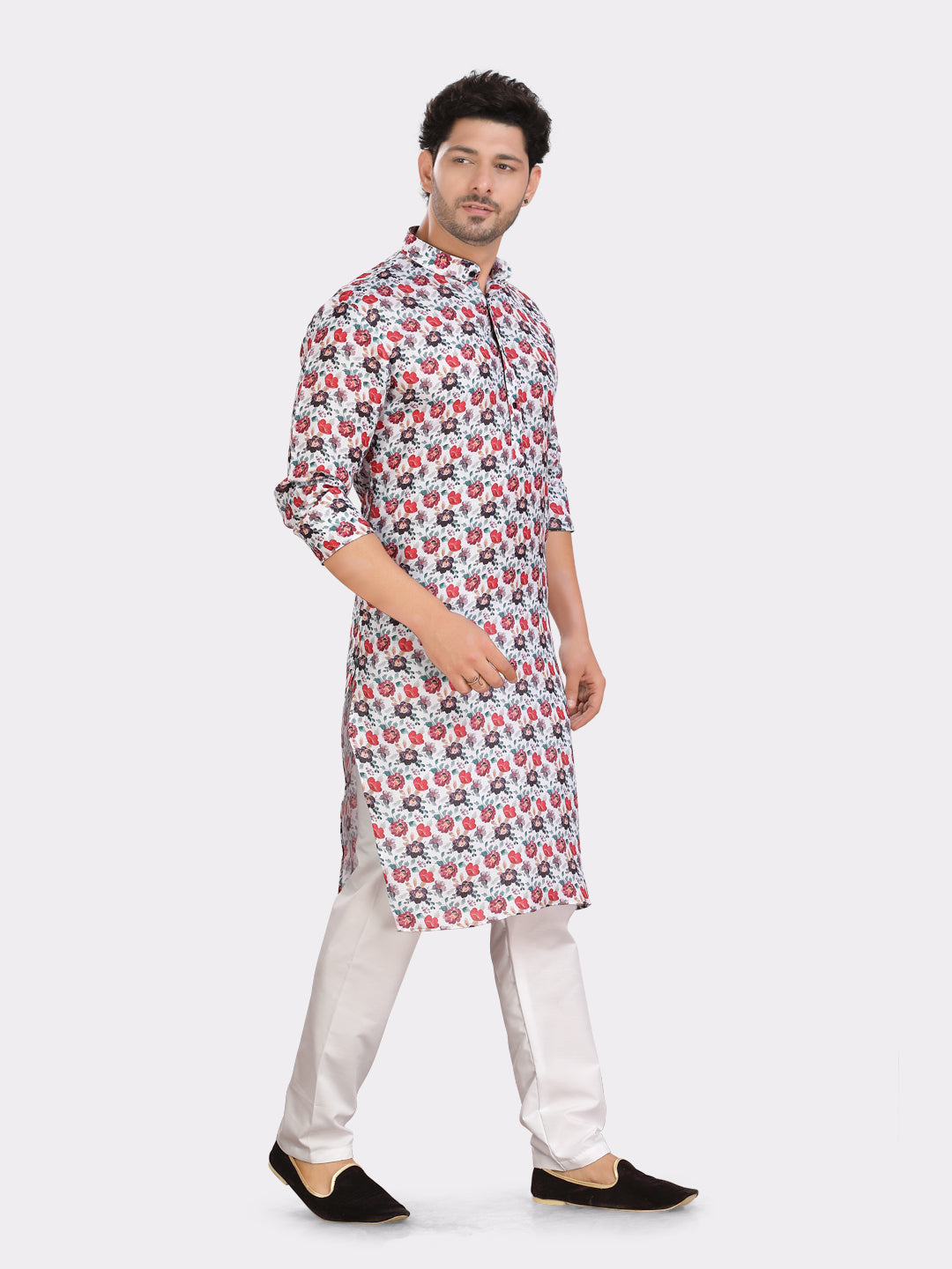 Off White Cotton Printed Kurta