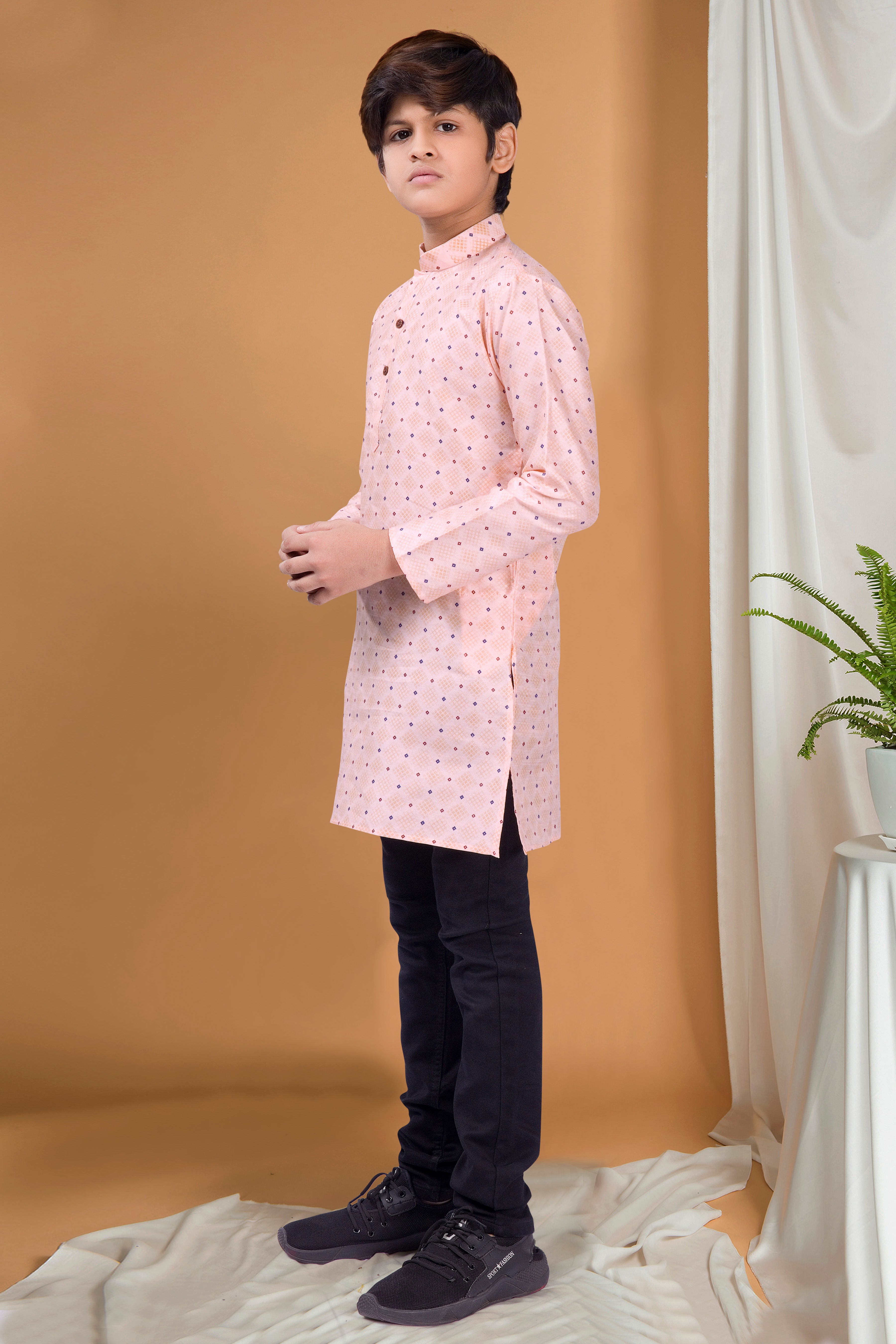 Coral Peach Hloom Printed Silk Kurta