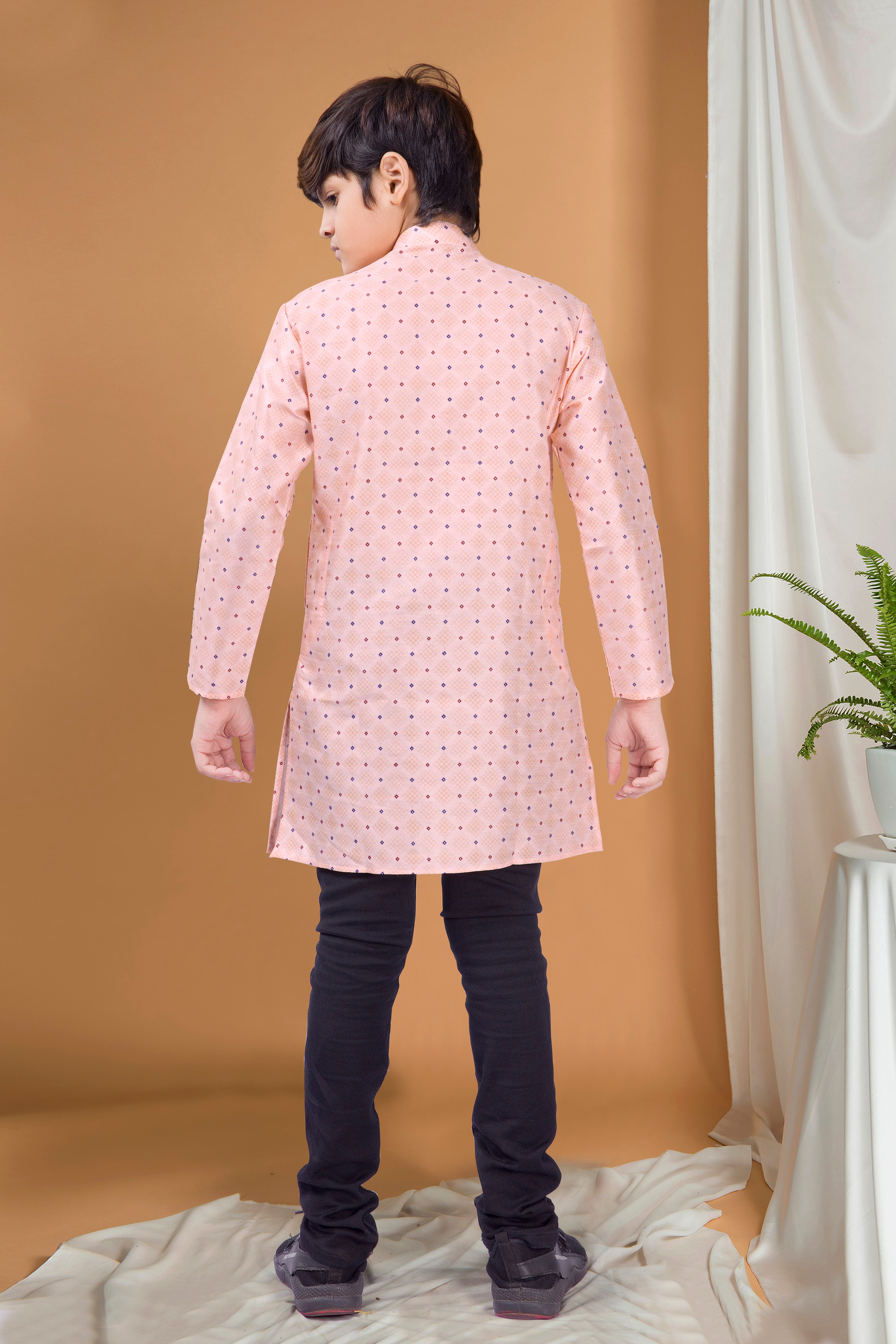 Coral Peach Hloom Printed Silk Kurta