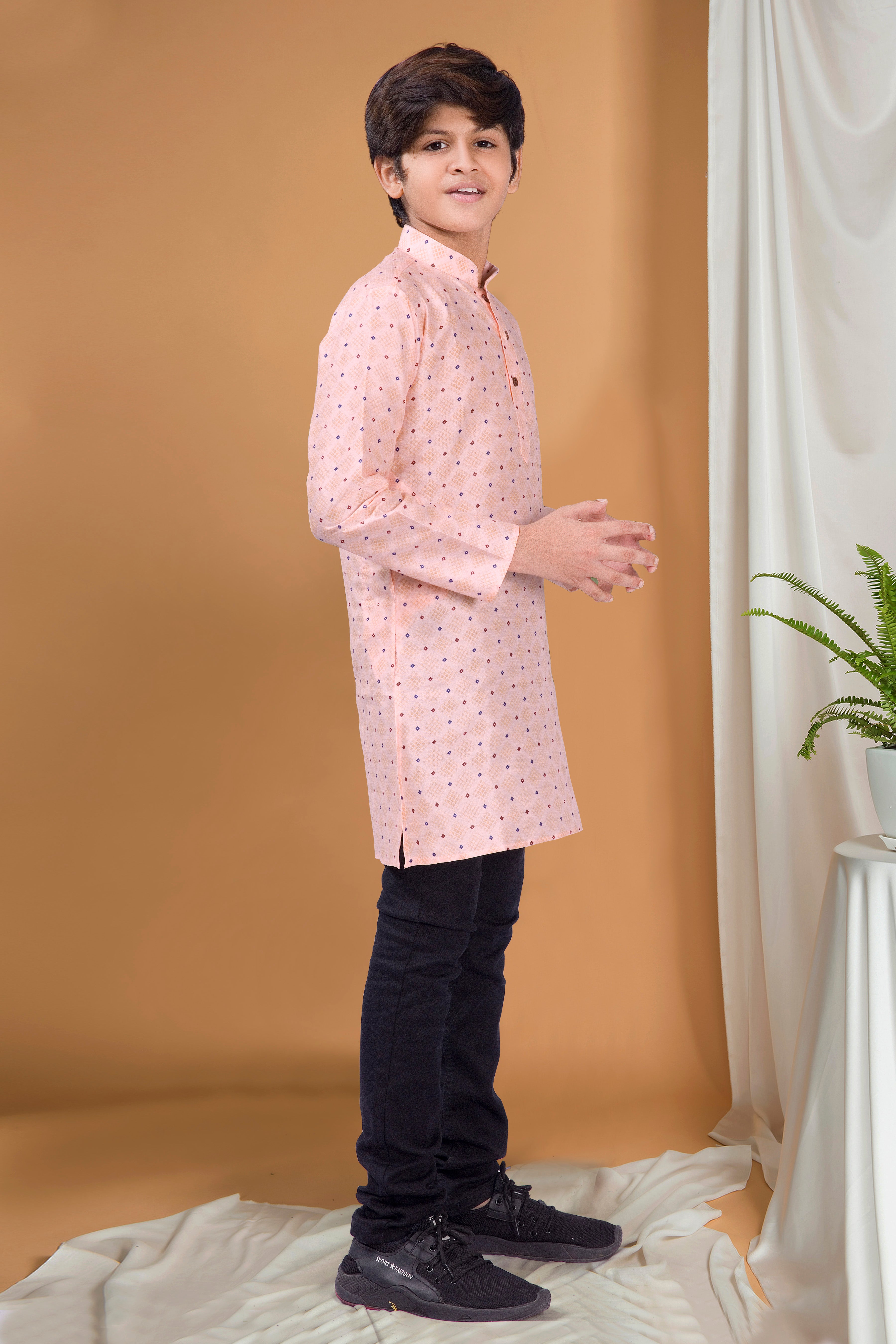 Coral Peach Hloom Printed Silk Kurta