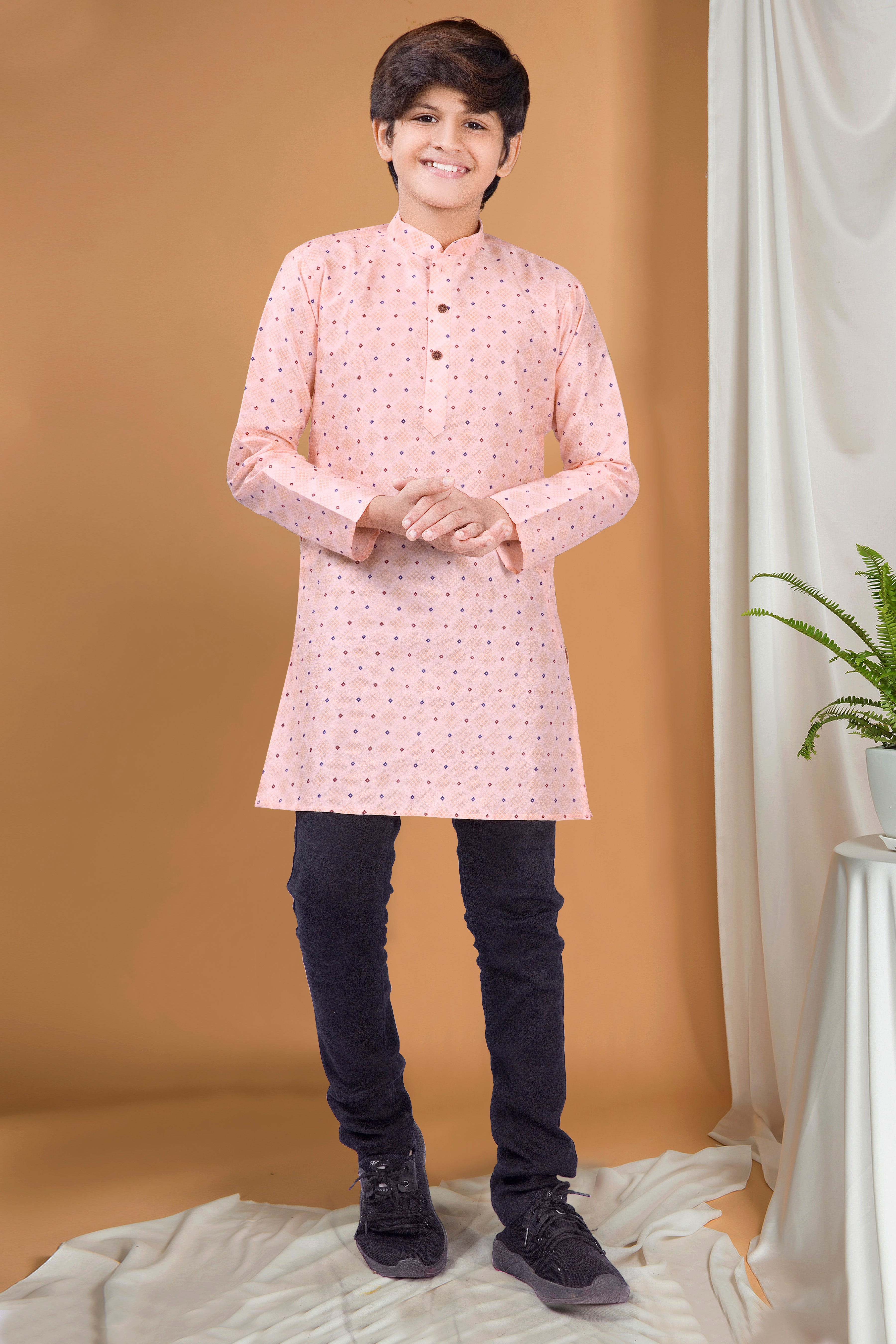 Coral Peach Hloom Printed Silk Kurta