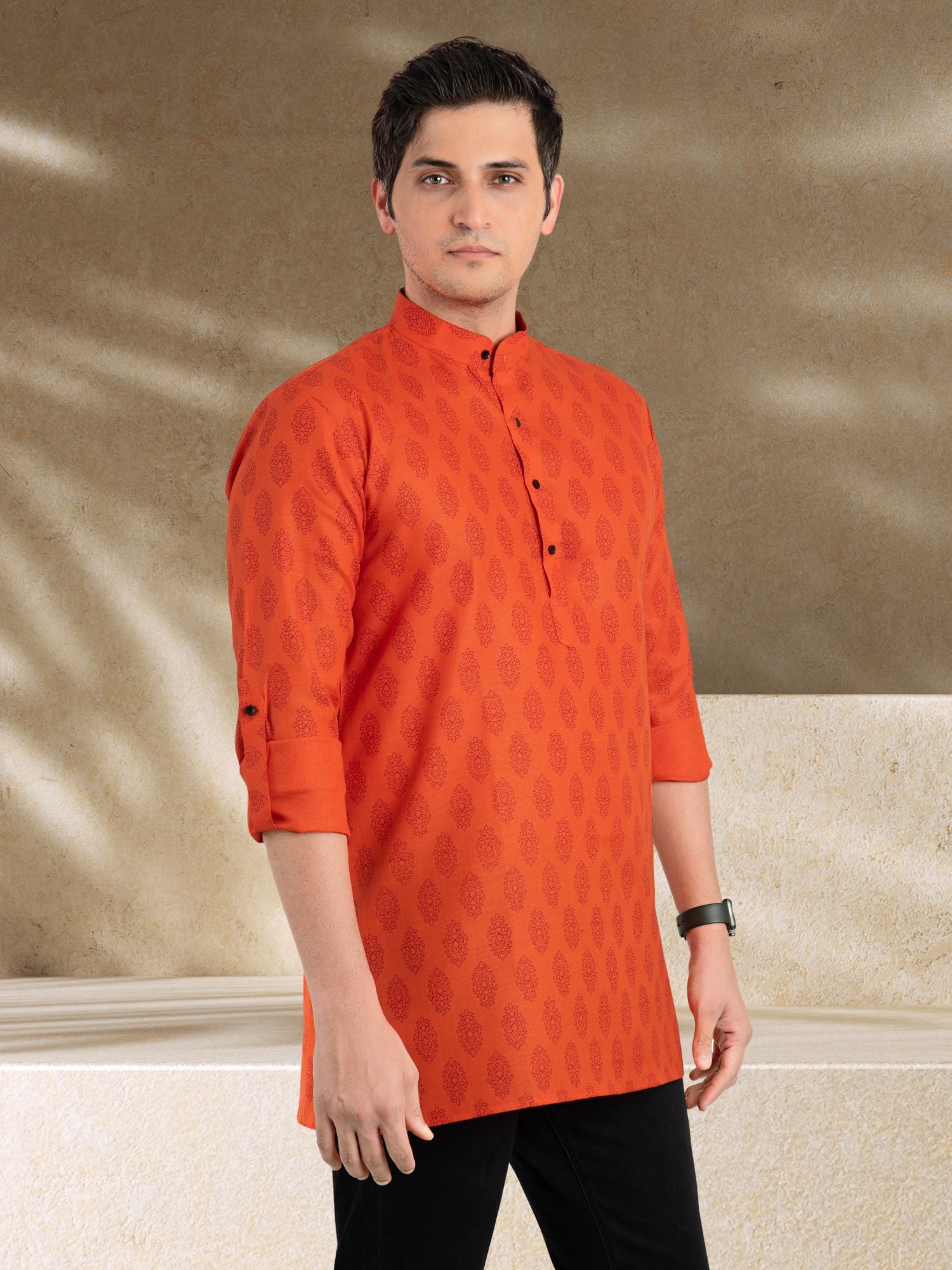Apricot Orange Solid Printed Long Sleeves Short Kurta