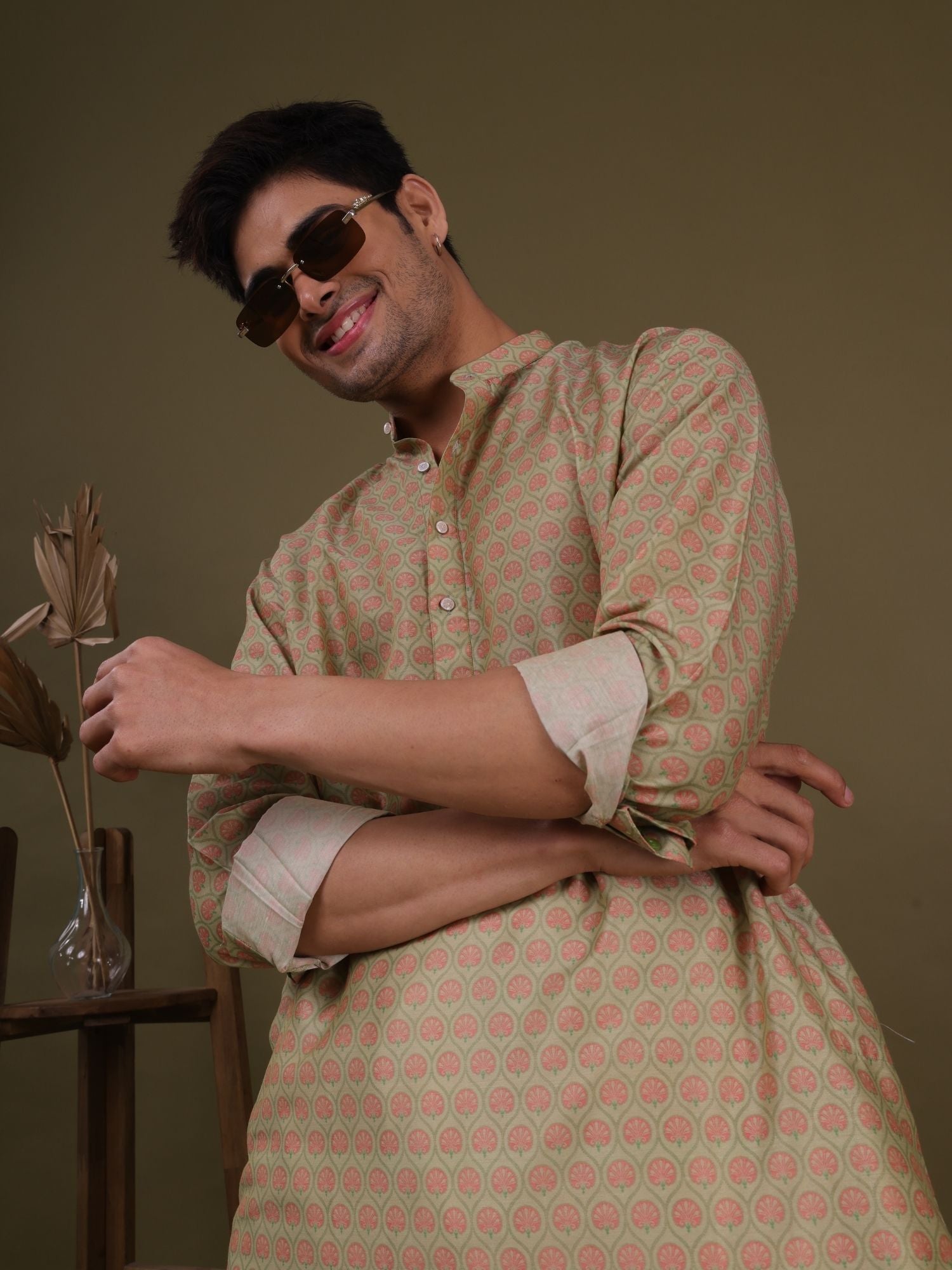 Tropical Green Pastel Cotton Silk Kurta Pajama Set