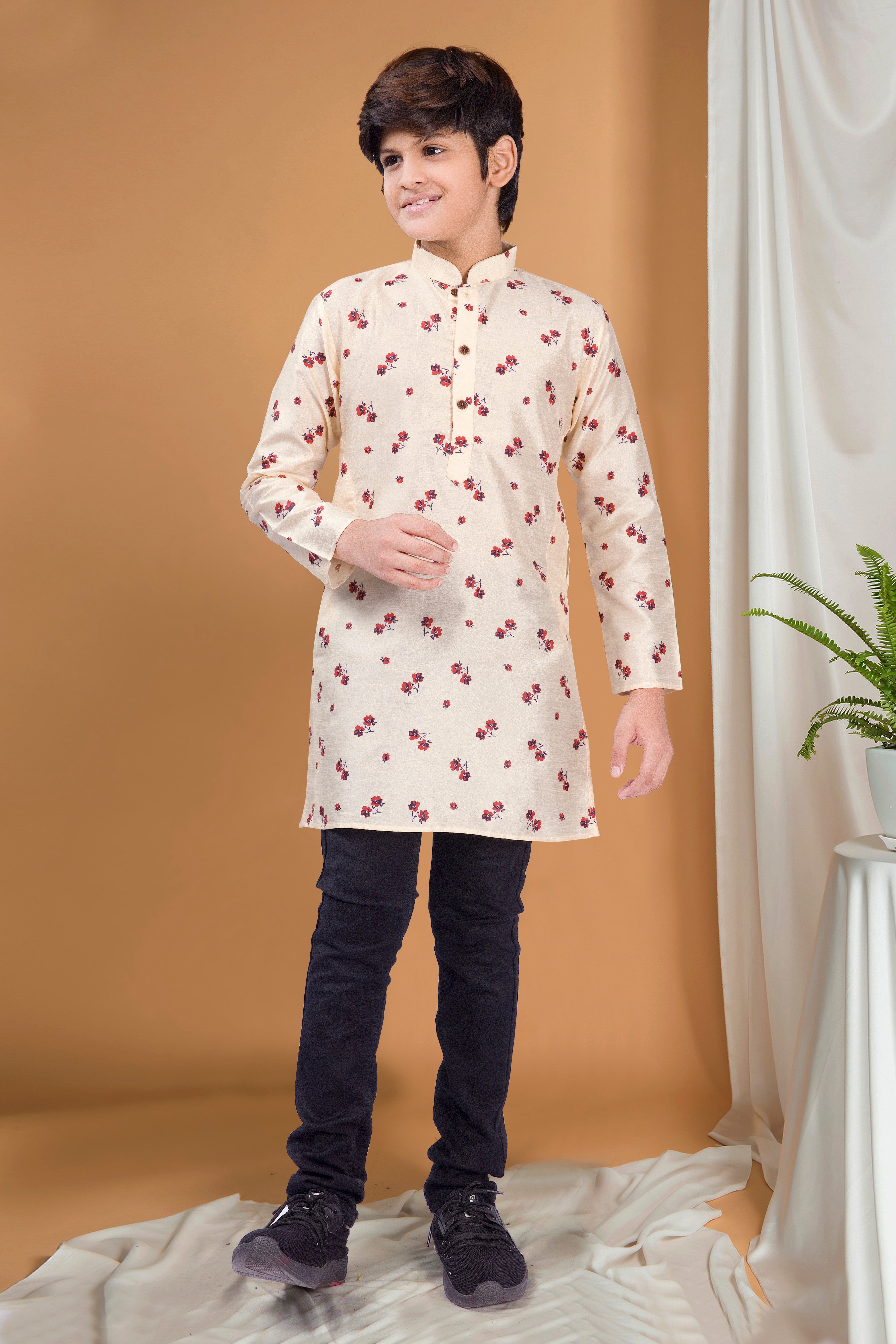 Butter Cream Hloom Printed Silk Kurta