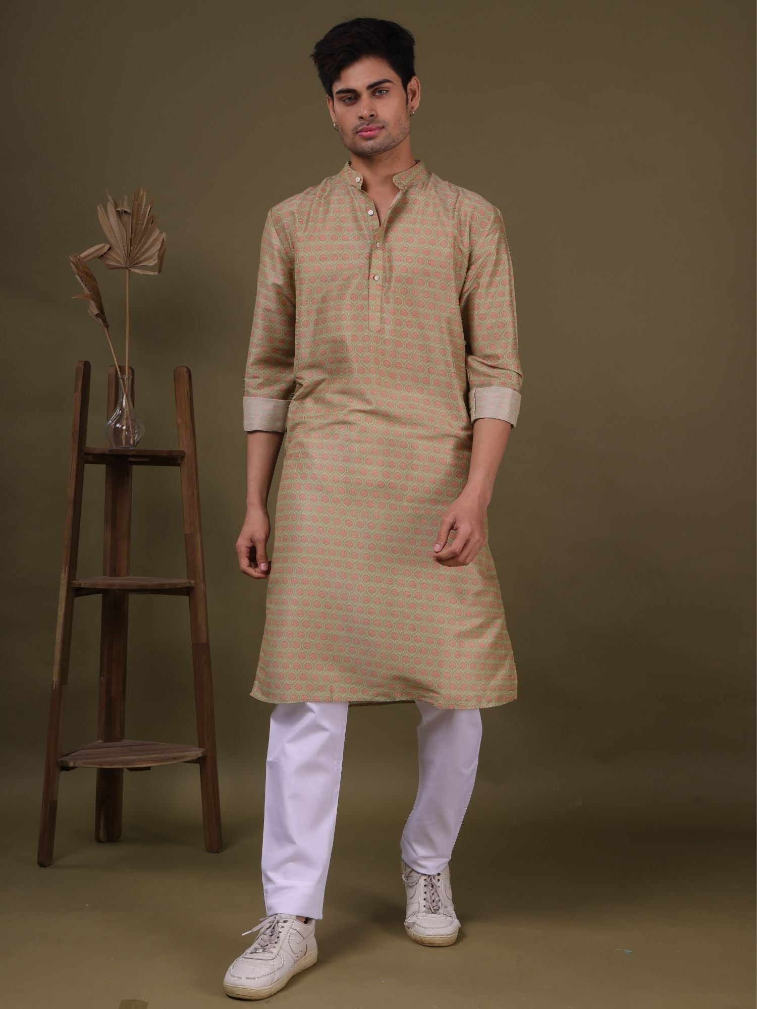 Tropical Green Pastel Cotton Silk Kurta Pajama Set