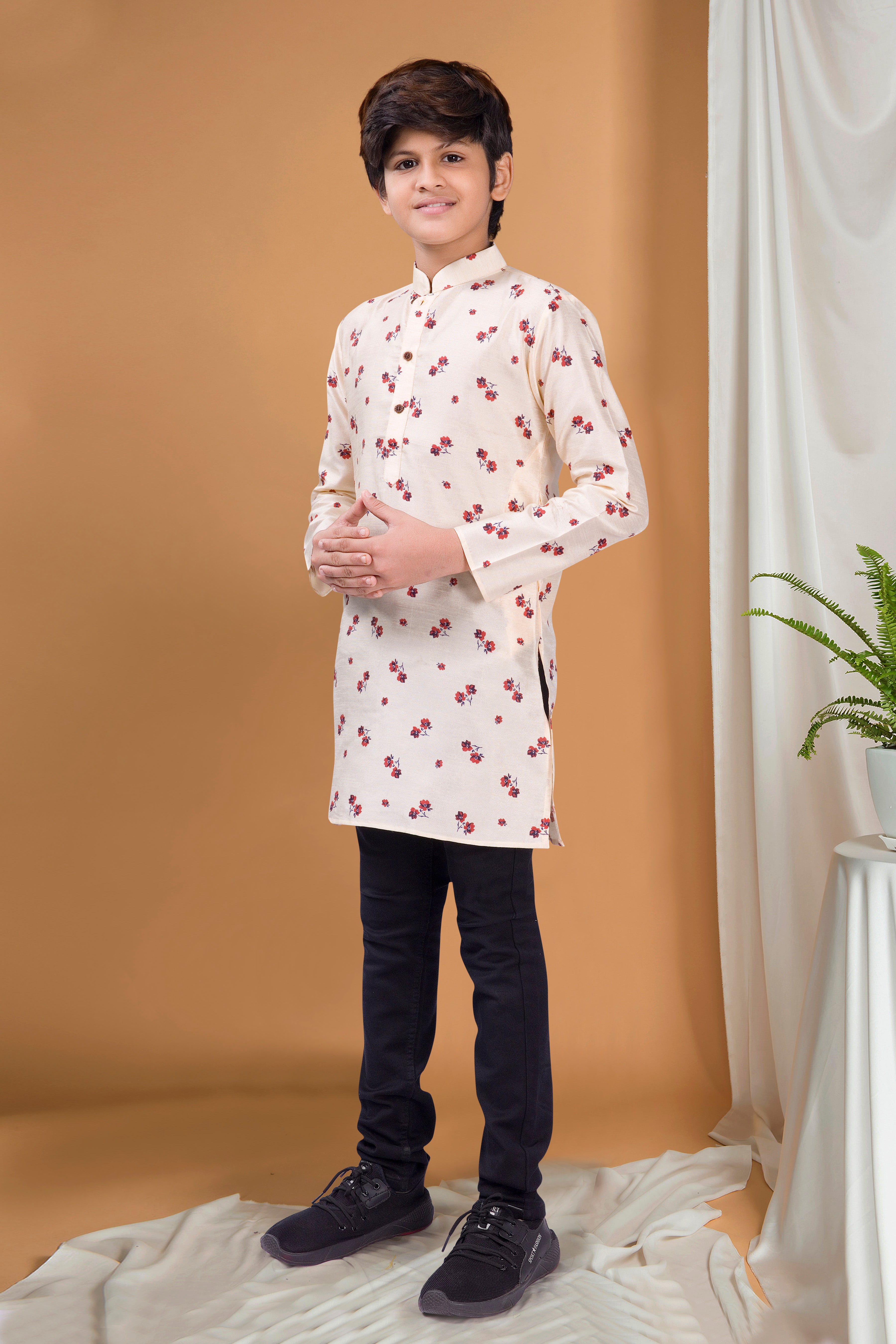 Butter Cream Hloom Printed Silk Kurta