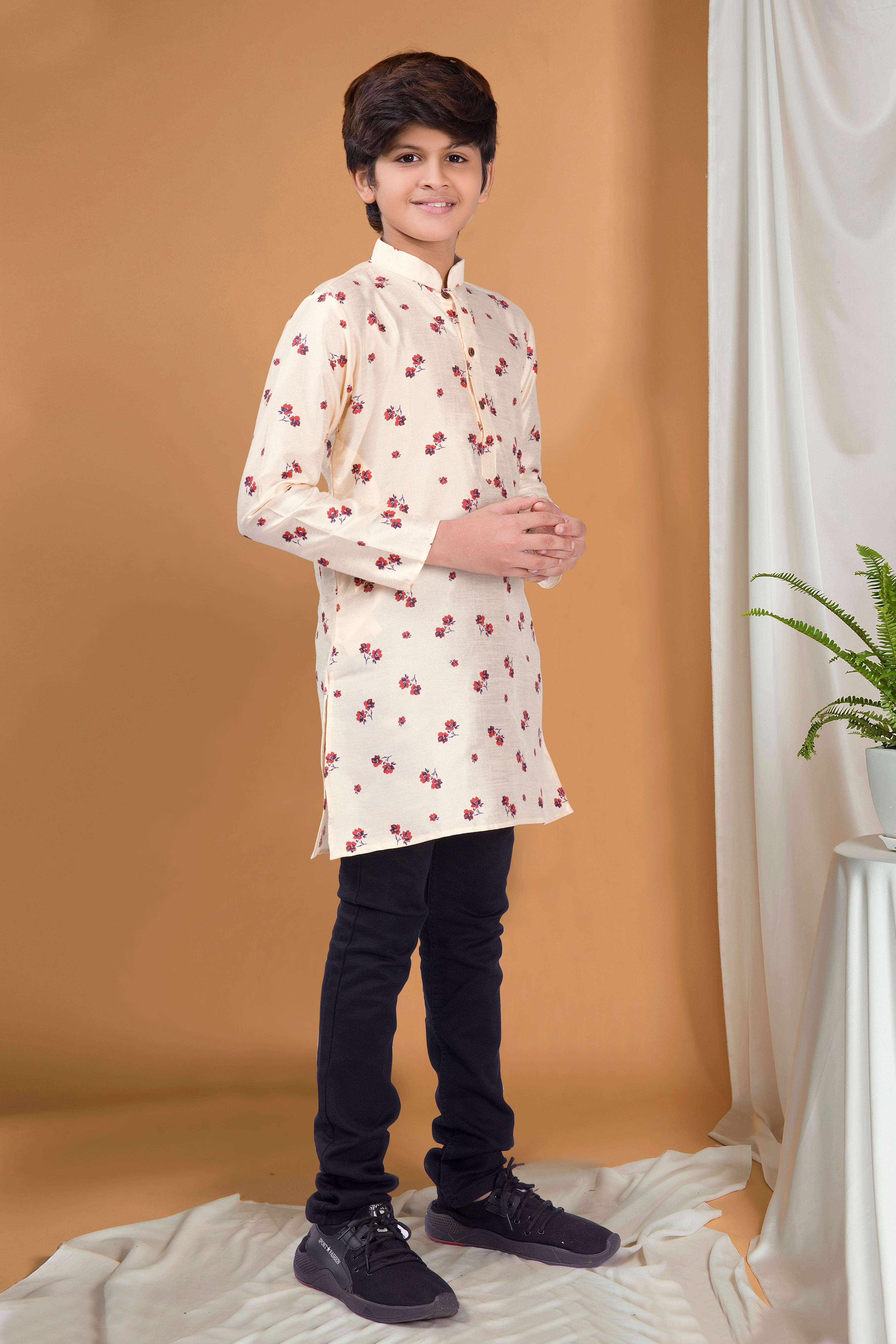 Butter Cream Hloom Printed Silk Kurta
