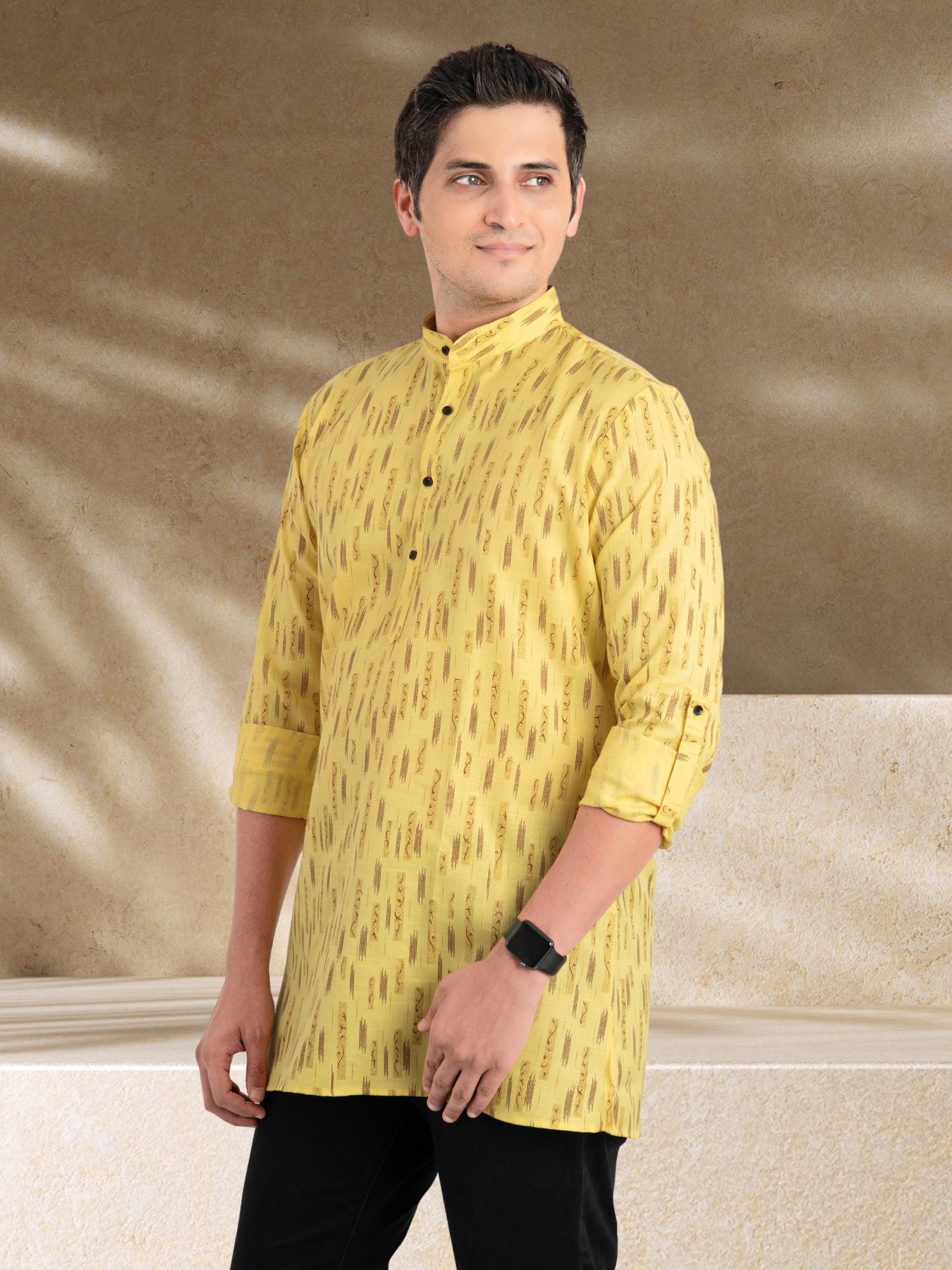 Shine Of Yellow Solid Printed Long Sleeves Short Kurta