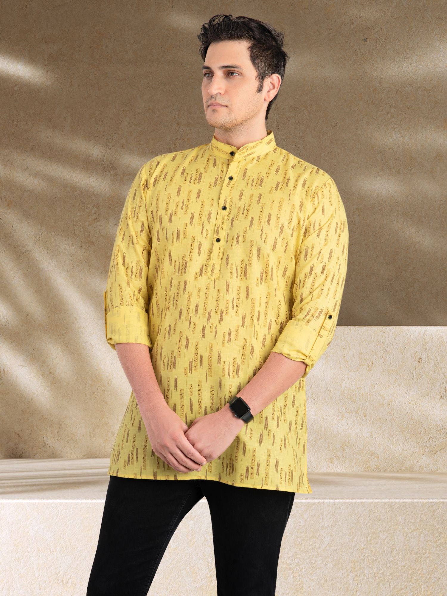 Shine Of Yellow Solid Printed Long Sleeves Short Kurta