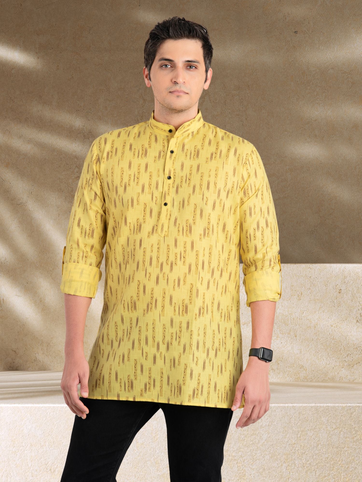 Shine Of Yellow Solid Printed Long Sleeves Short Kurta
