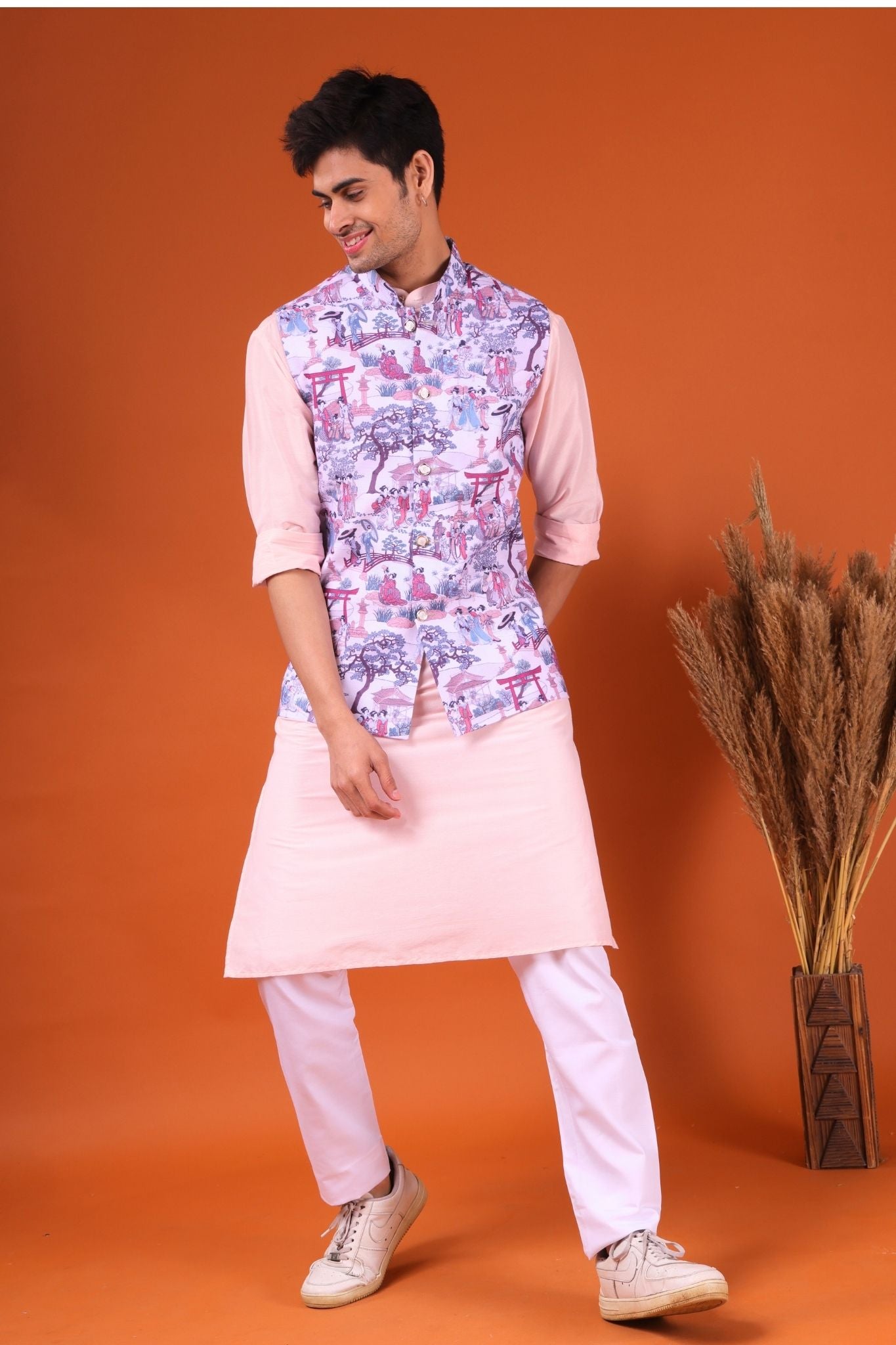 Voilet Purple Tropical Paradise Linen Cotton Nehru Jacket