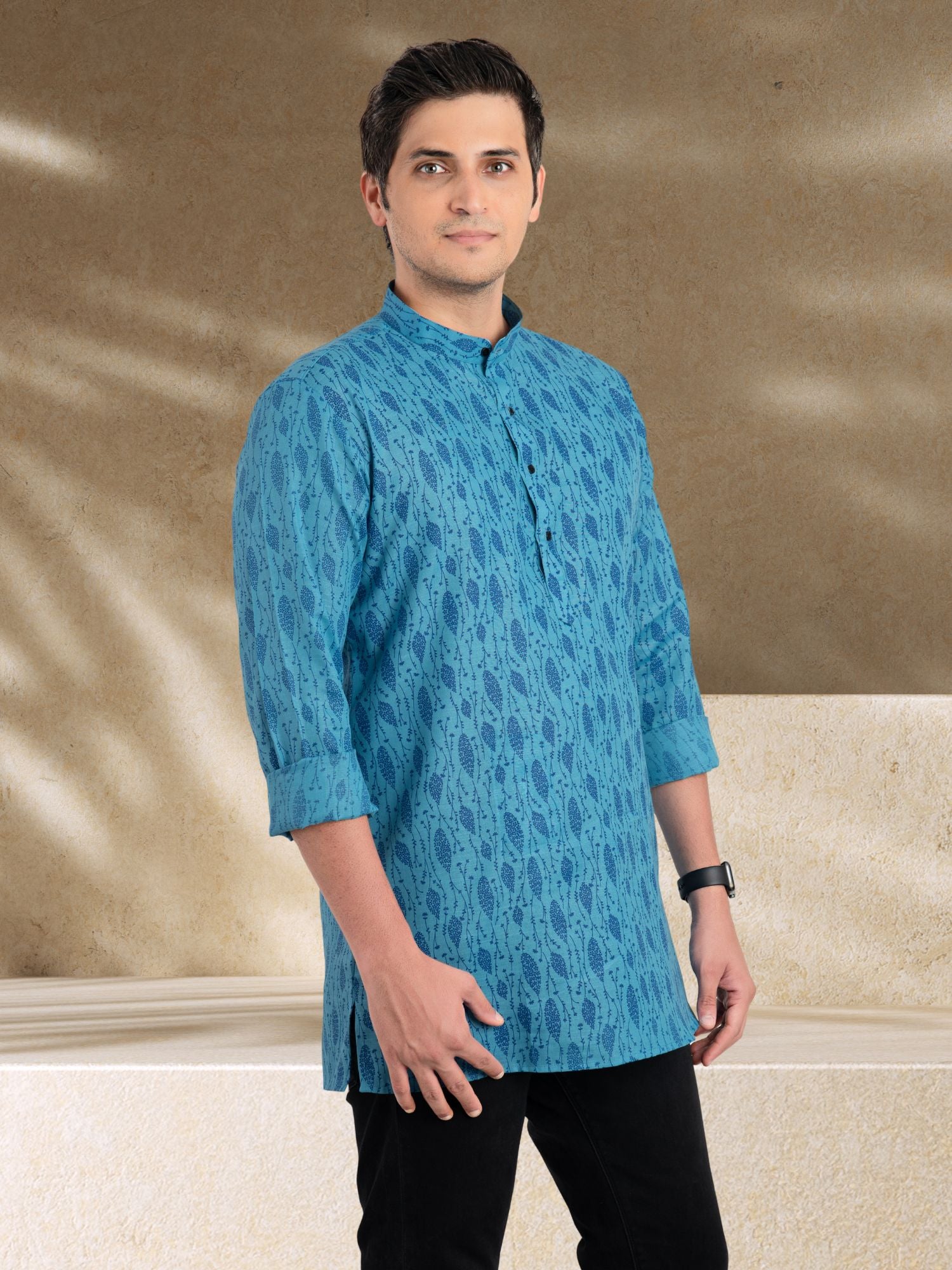 Iris Blue Solid Printed Long Sleeves Short Kurta