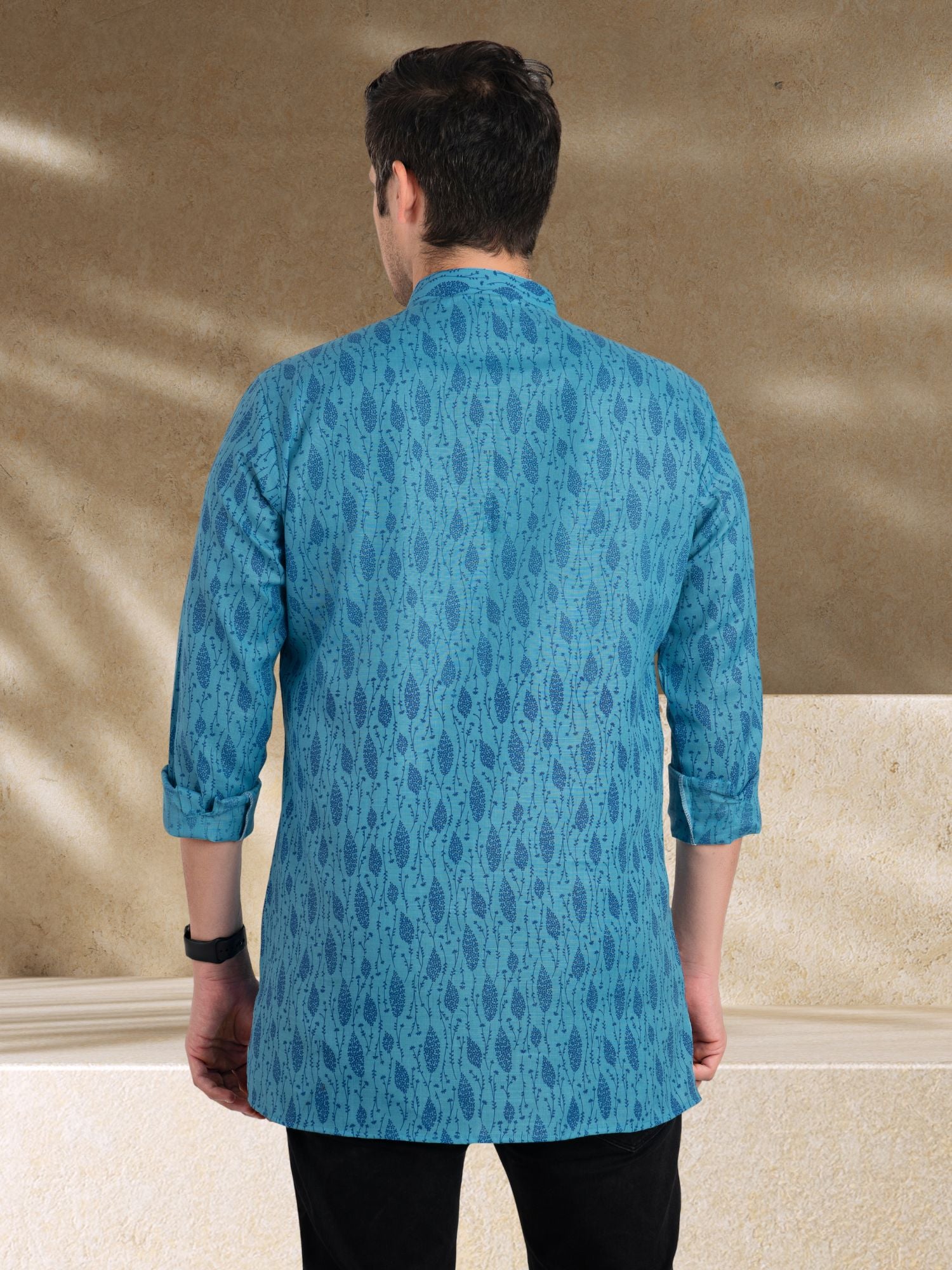 Iris Blue Solid Printed Long Sleeves Short Kurta