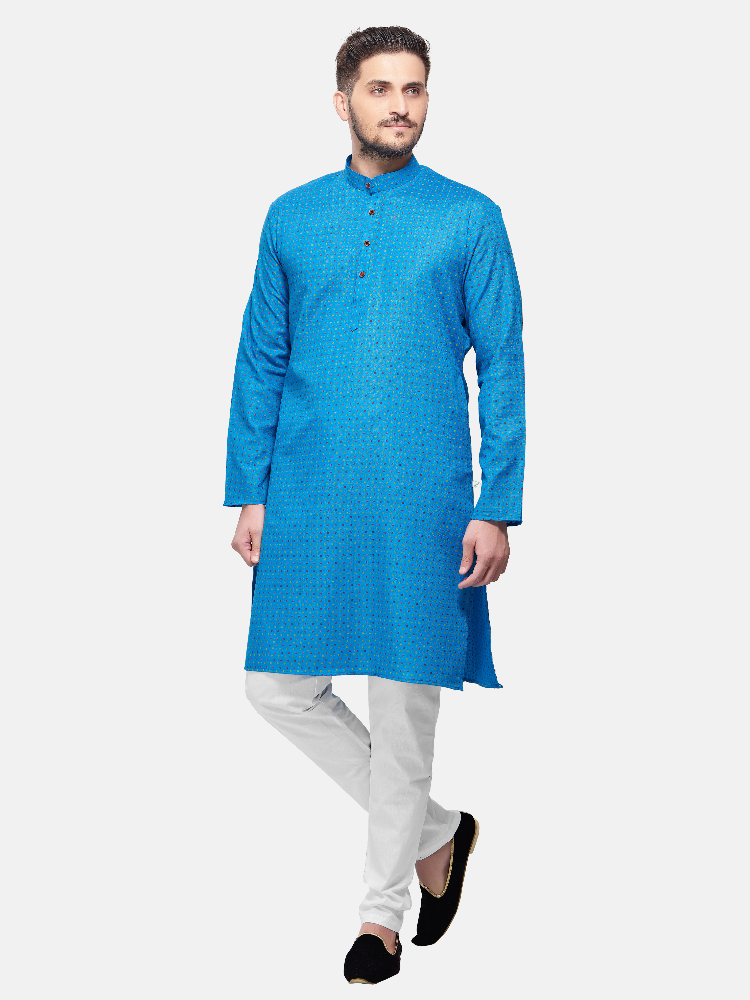 Azure Blue Dot Printed Cotton Kurta and Matching Dhoti