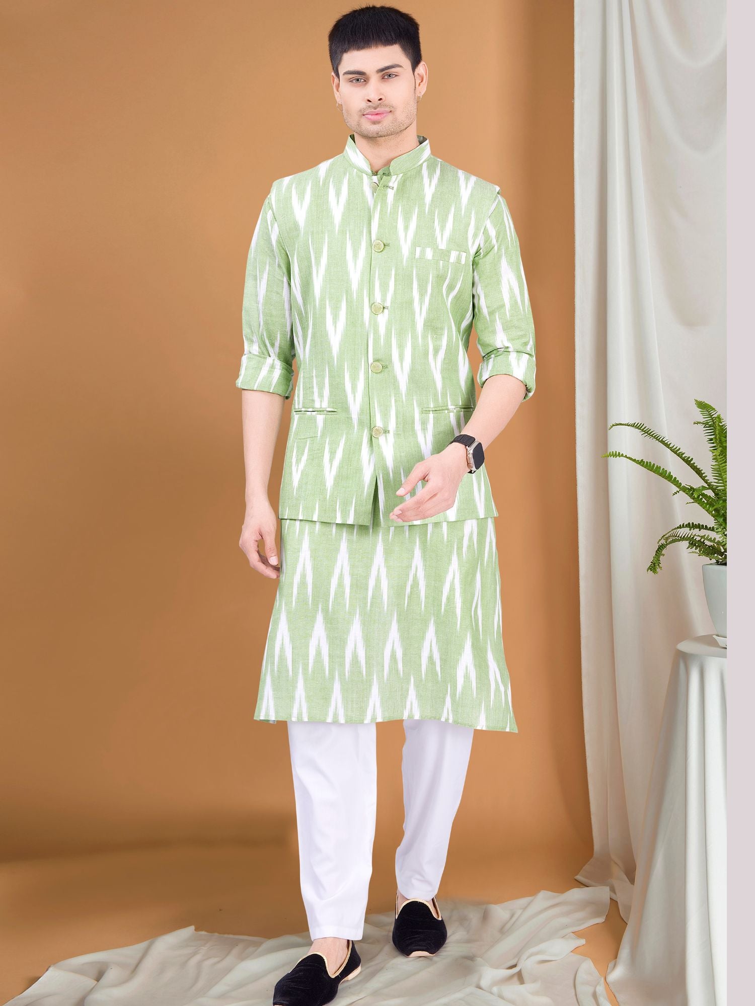 Tropical Green Ikat Print Kurta Jacket Set