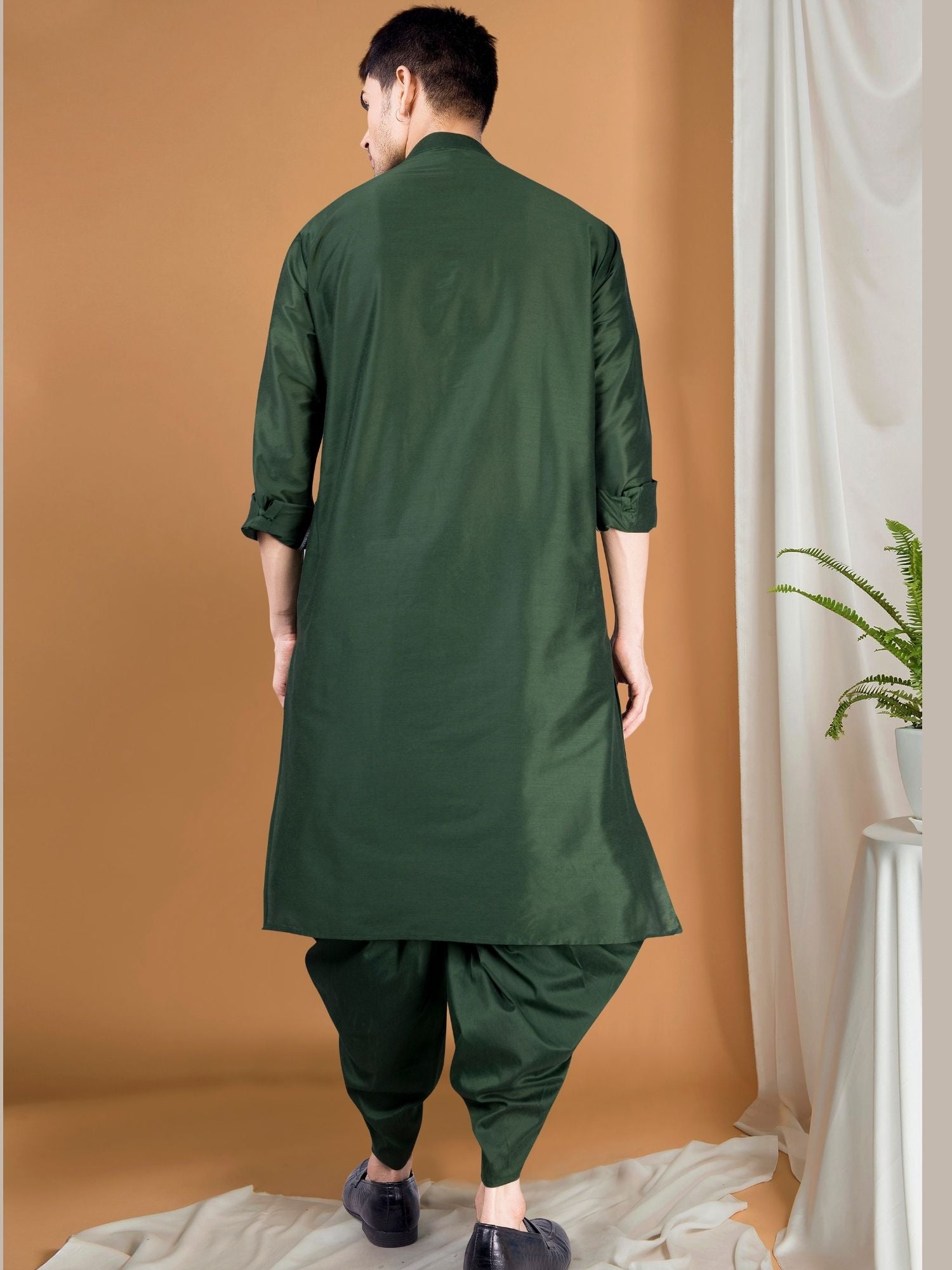 Forest Green Solid Kurta Peshawari Set