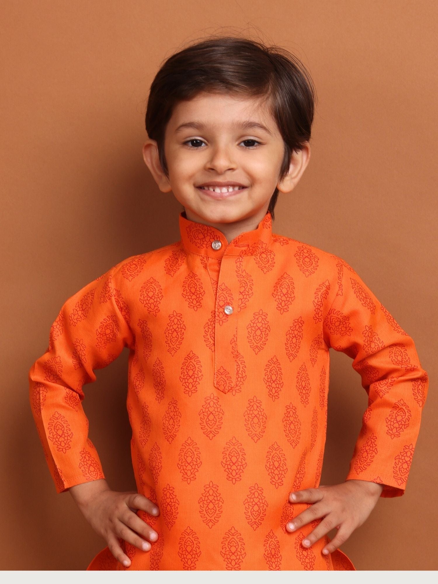 Tiger Orange Long Sleeves Cotton Printed Kurta Top