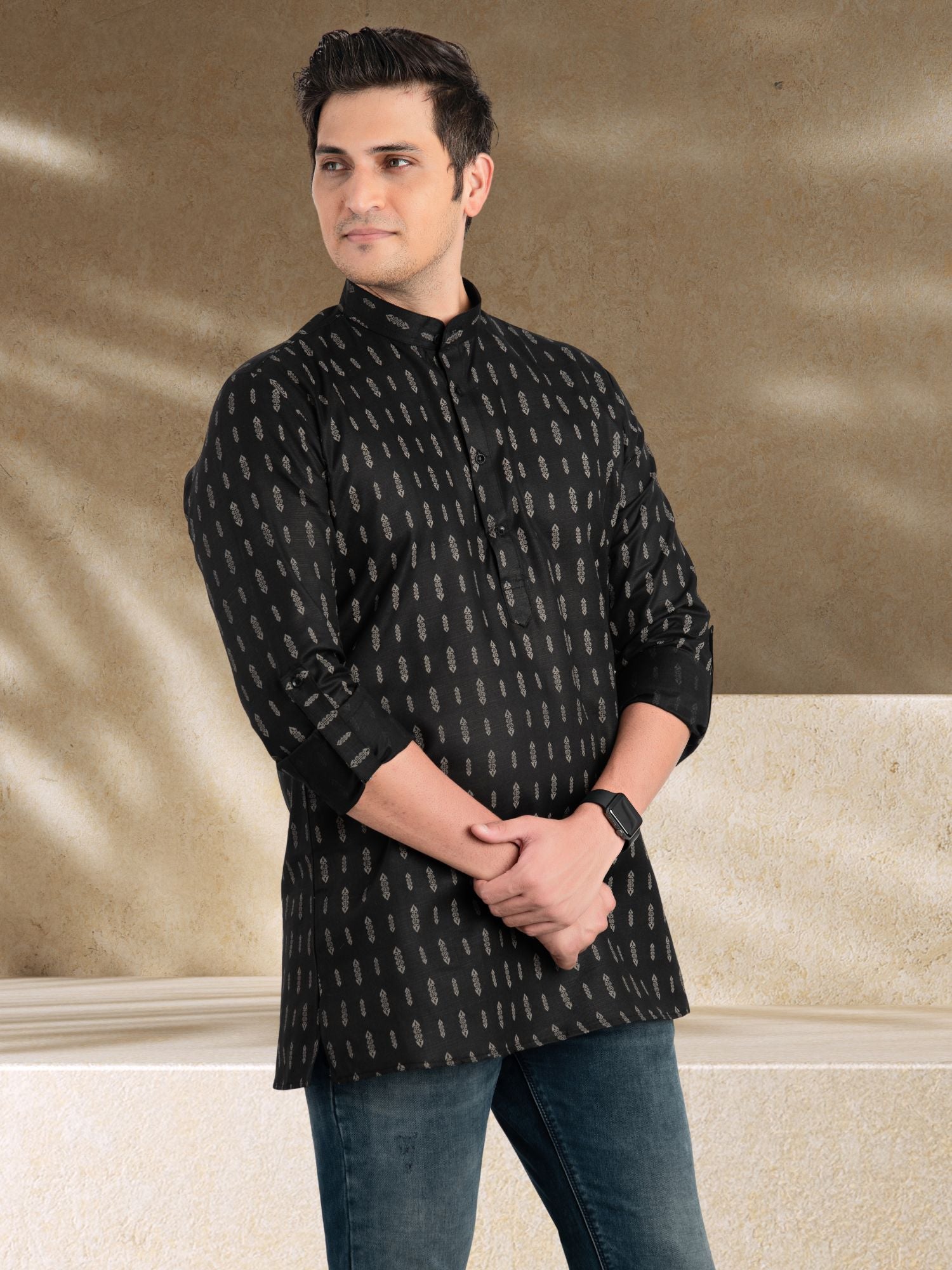 Jade Black Solid Printed Long Sleeves Short Kurta