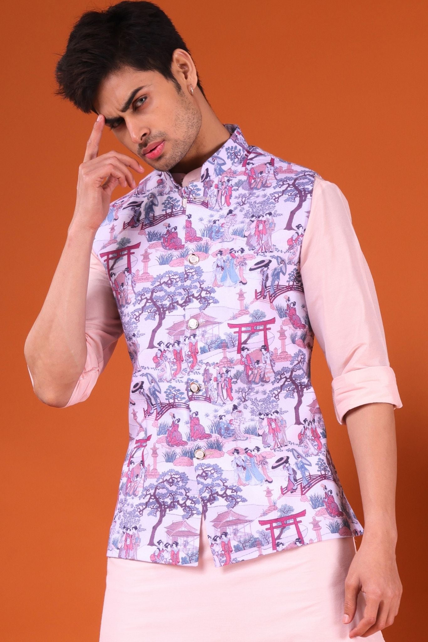 Voilet Purple Tropical Paradise Linen Cotton Nehru Jacket