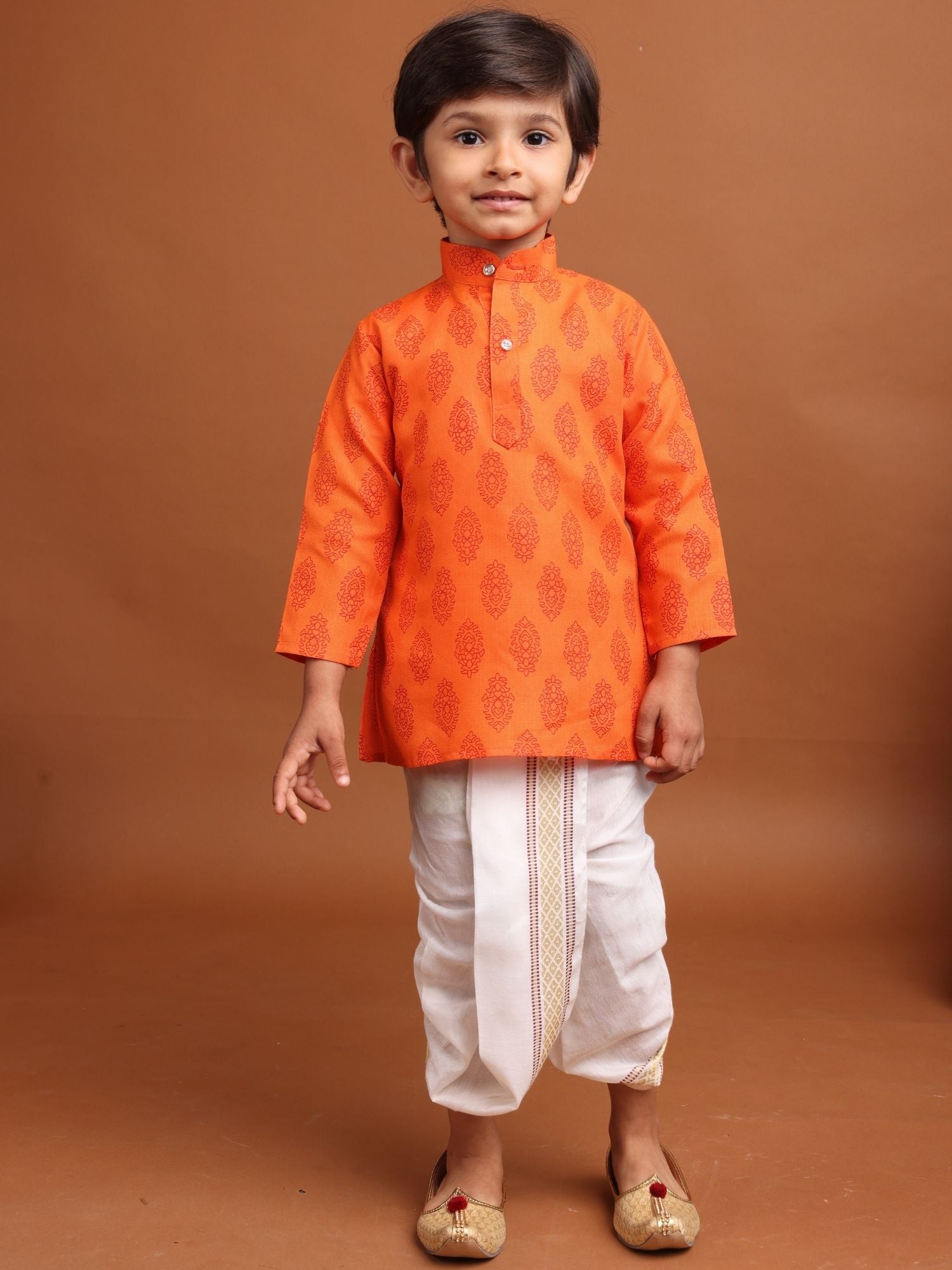 Tiger Orange Long Sleeves Cotton Printed Kurta Top