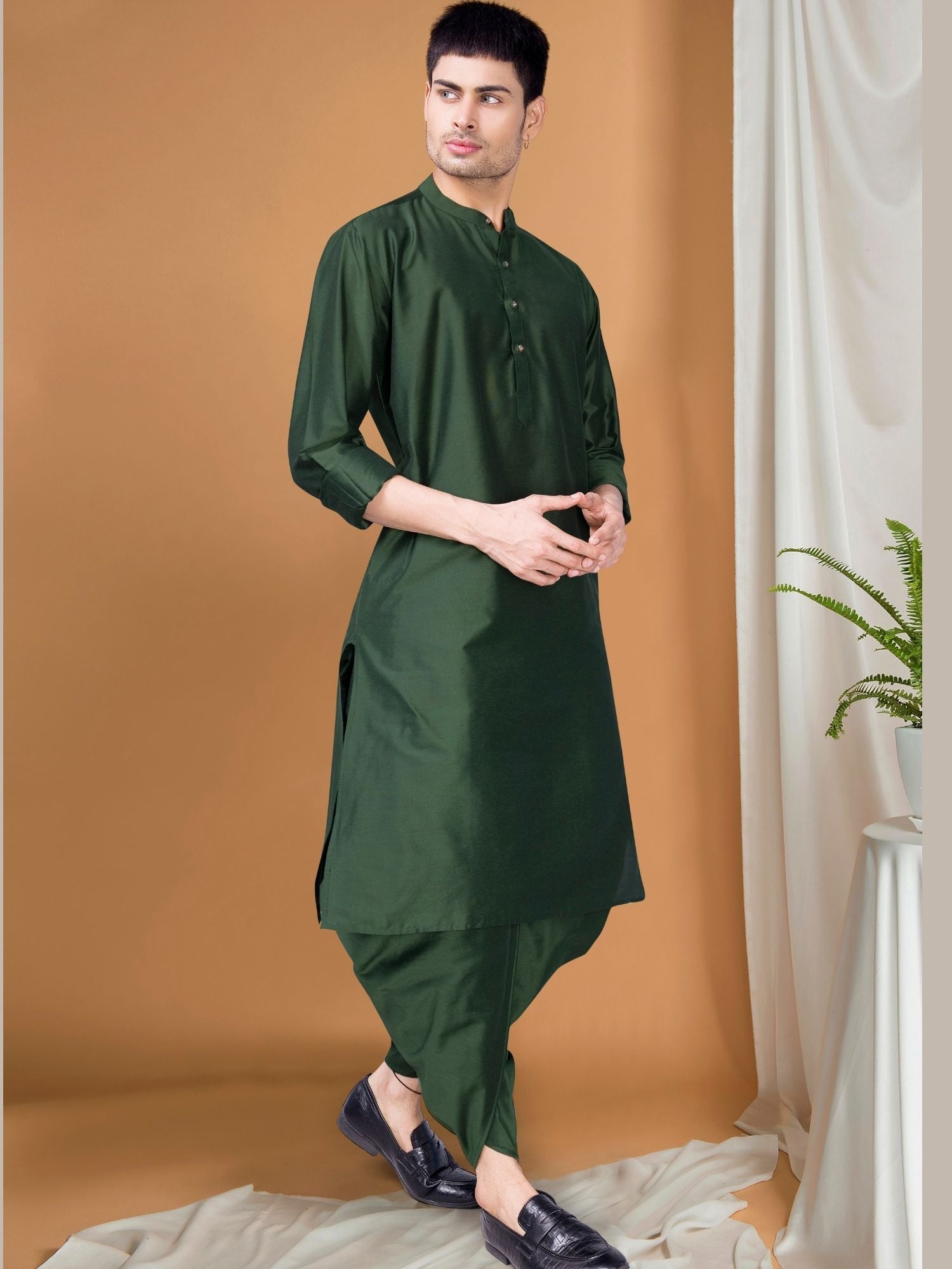 Forest Green Solid Kurta Peshawari Set