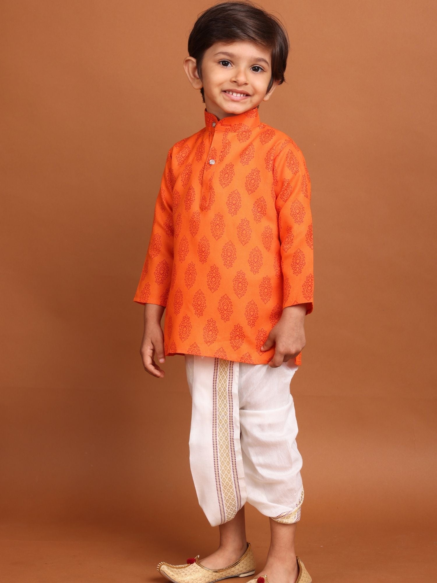 Tiger Orange Long Sleeves Cotton Printed Kurta Top