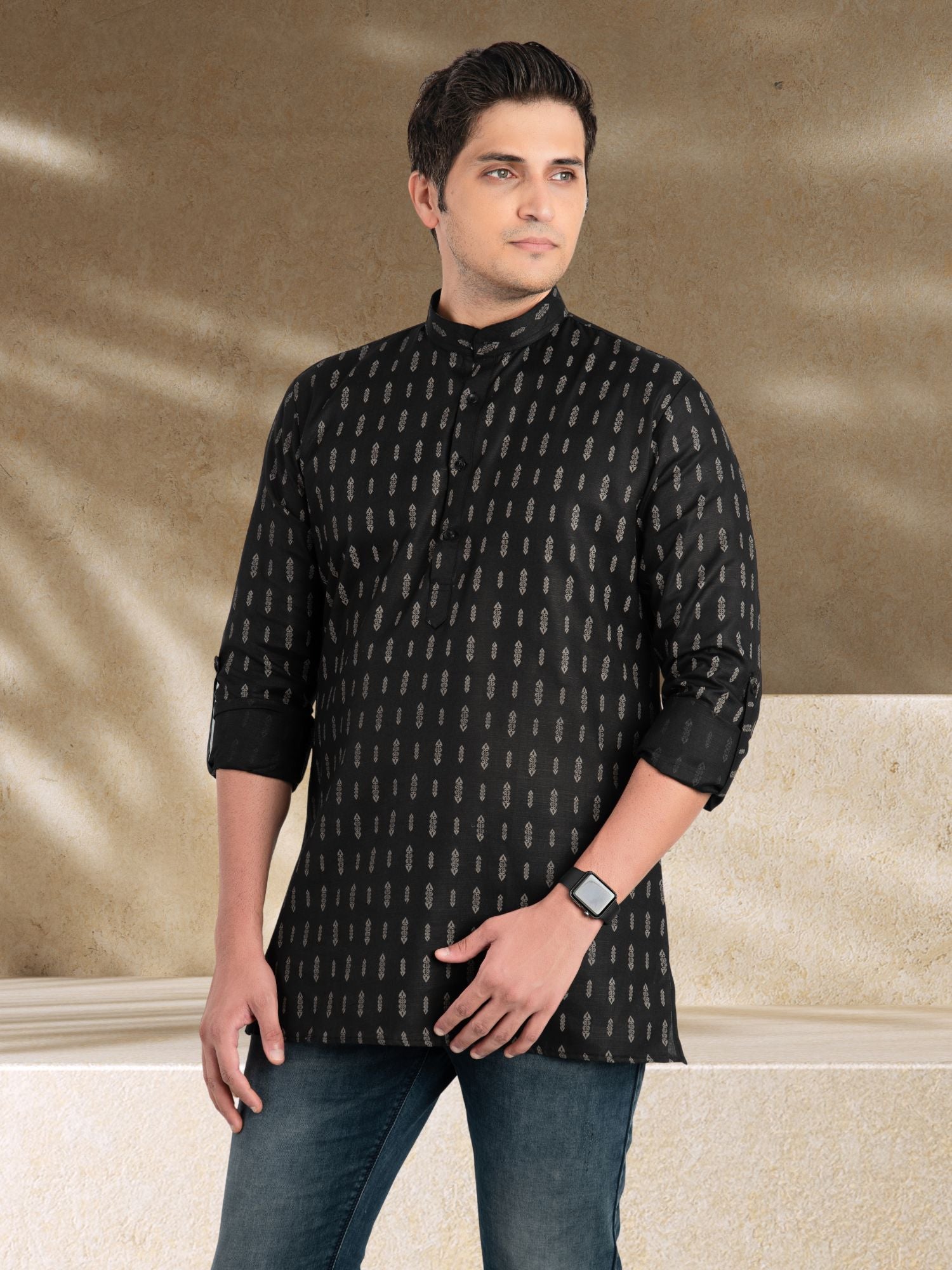 Jade Black Solid Printed Long Sleeves Short Kurta