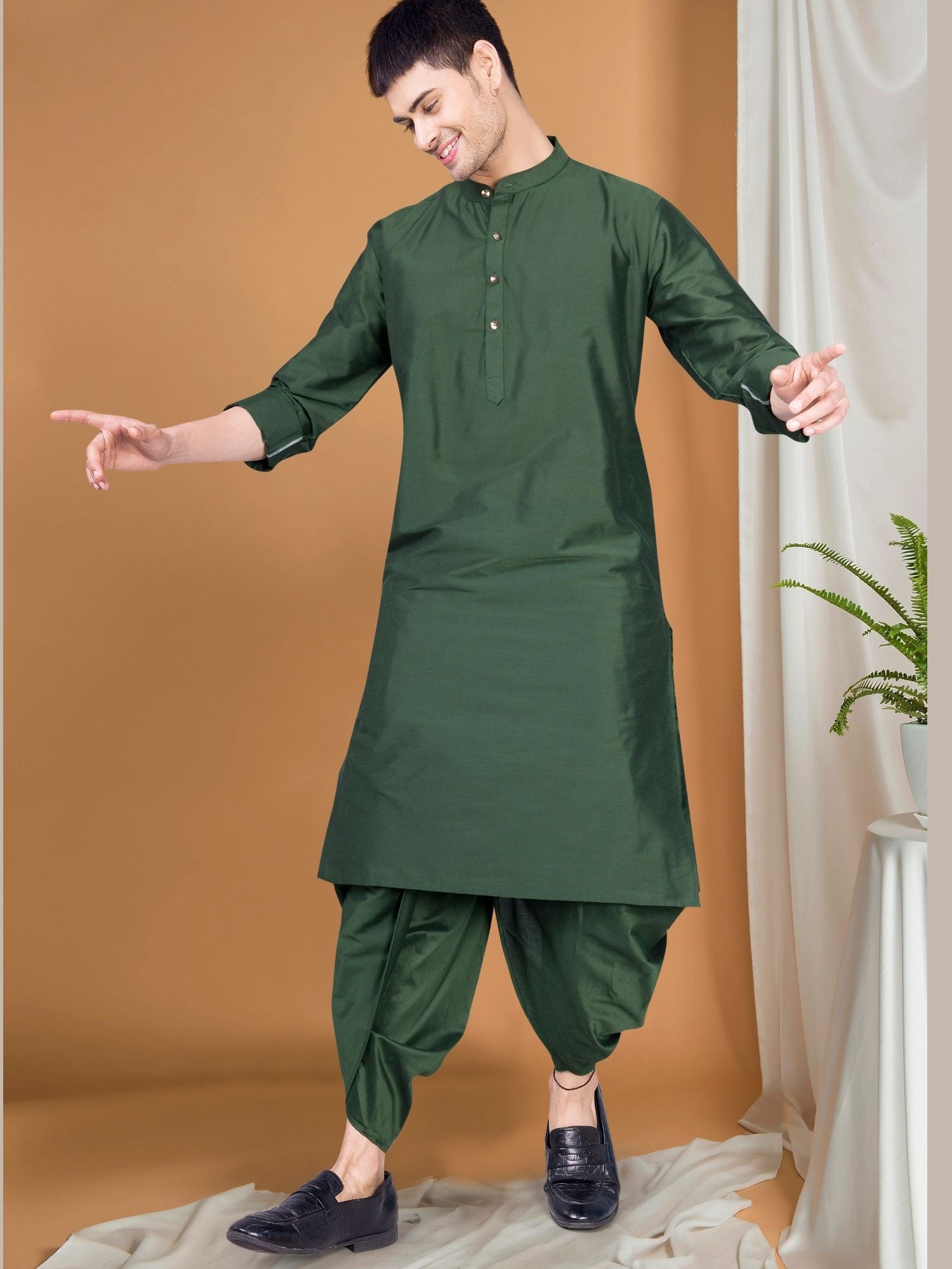 Forest Green Solid Kurta Peshawari Set