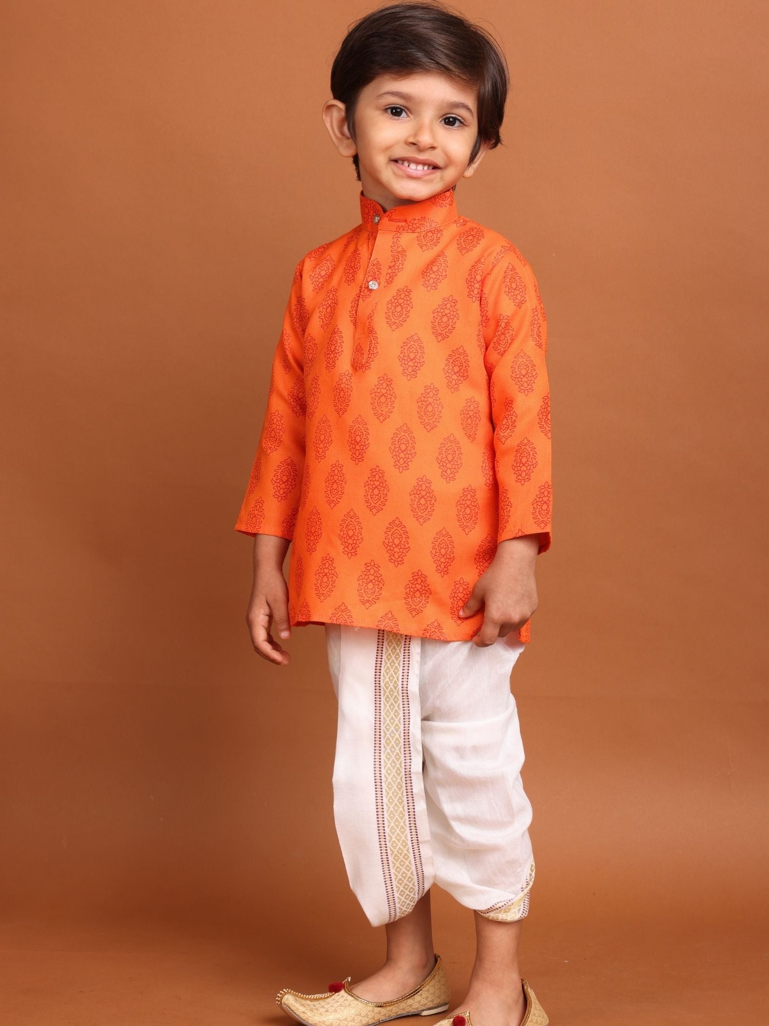 Tiger Orange Long Sleeves Cotton Printed Kurta Top