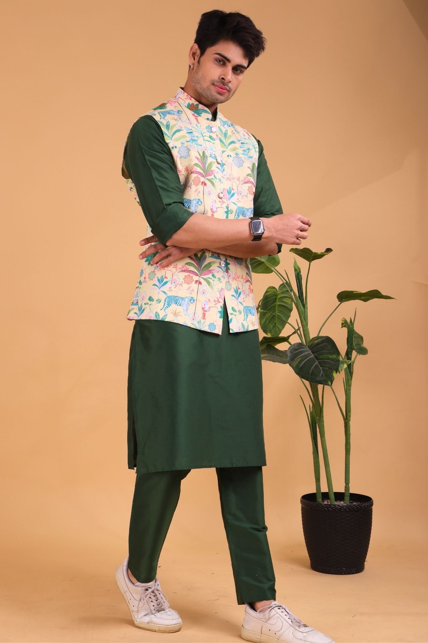Shine of Yellow Tropical Paradise Linen Cotton Nehru Jacket