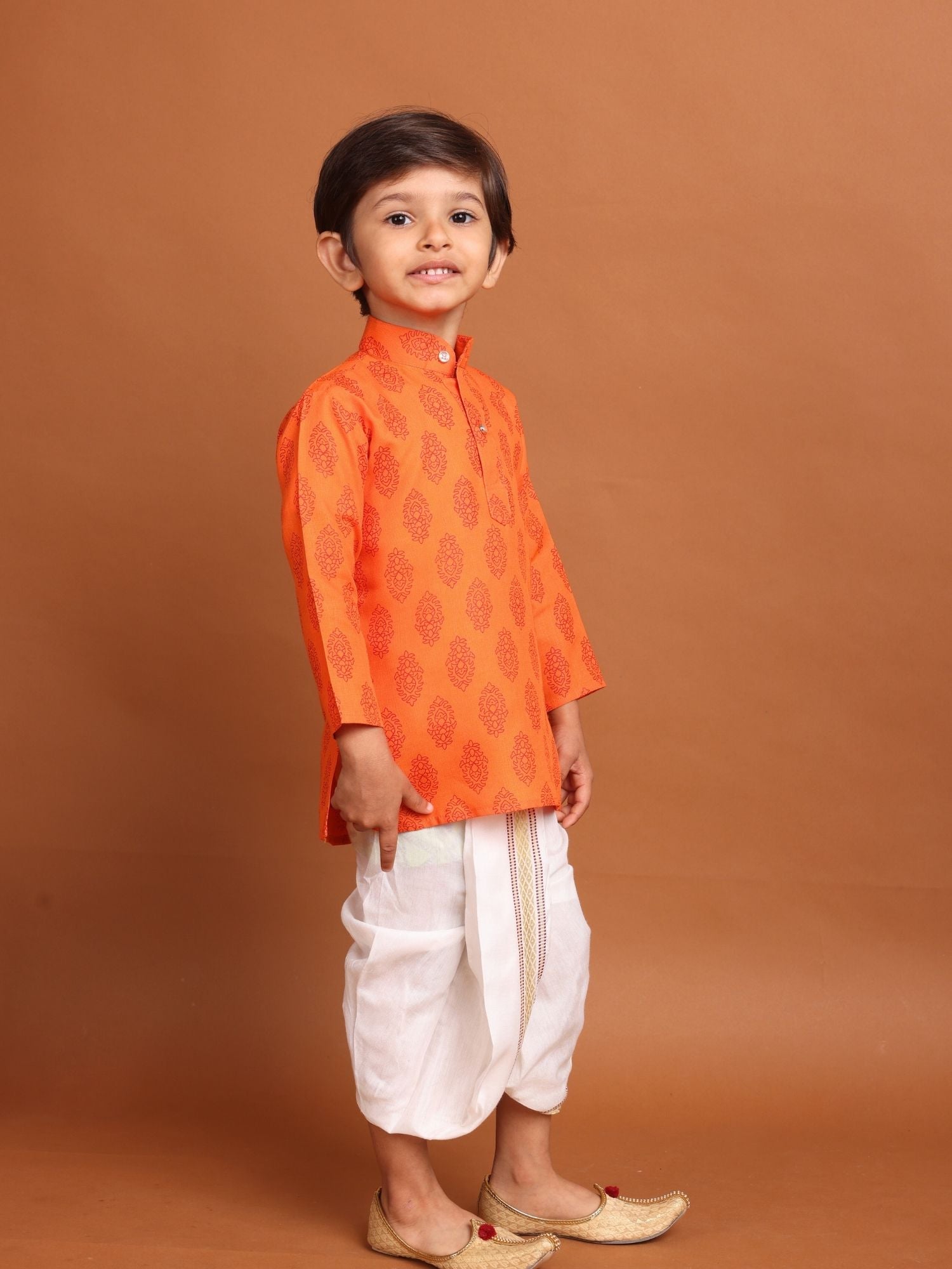 Tiger Orange Long Sleeves Cotton Printed Kurta Top