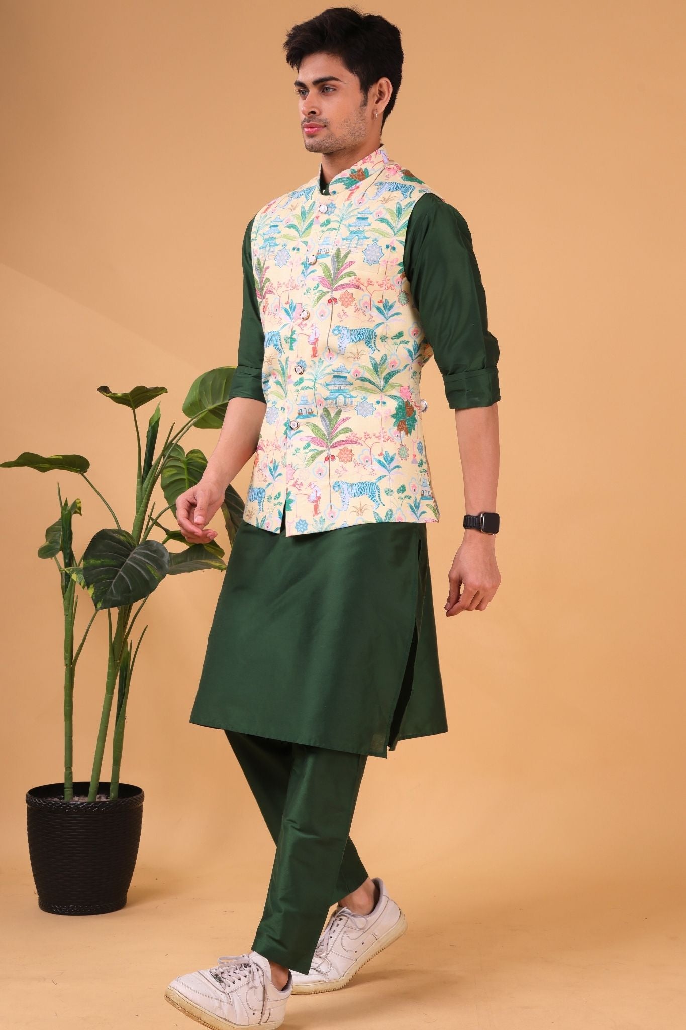Shine of Yellow Tropical Paradise Linen Cotton Nehru Jacket