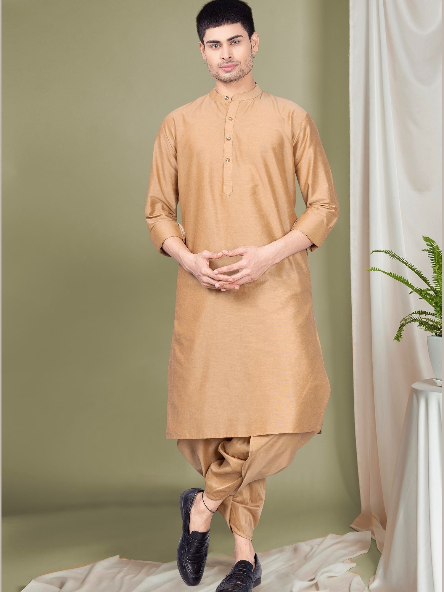 Cider Brown Solid Kurta Peshawari Set