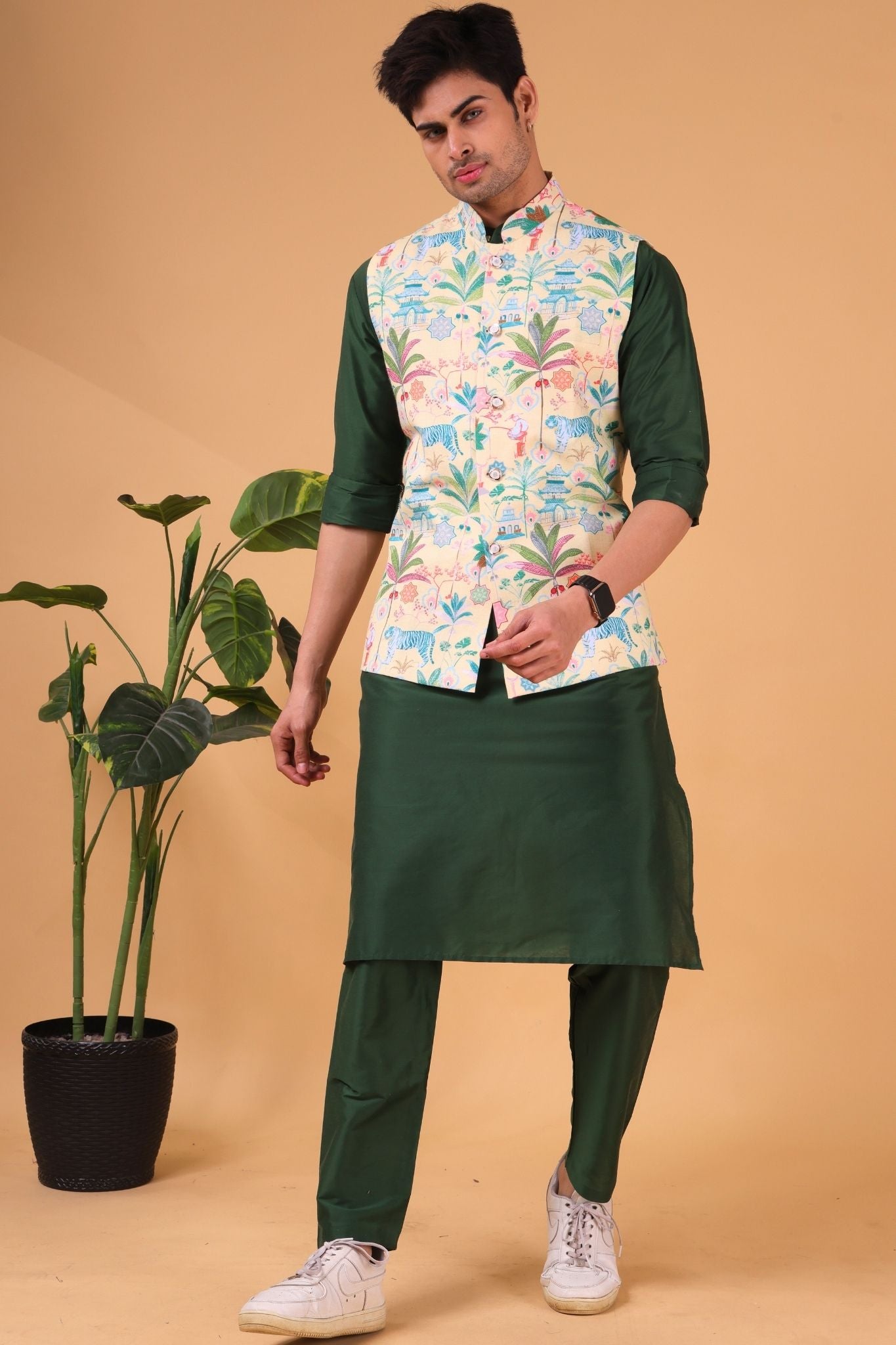 Shine of Yellow Tropical Paradise Linen Cotton Nehru Jacket