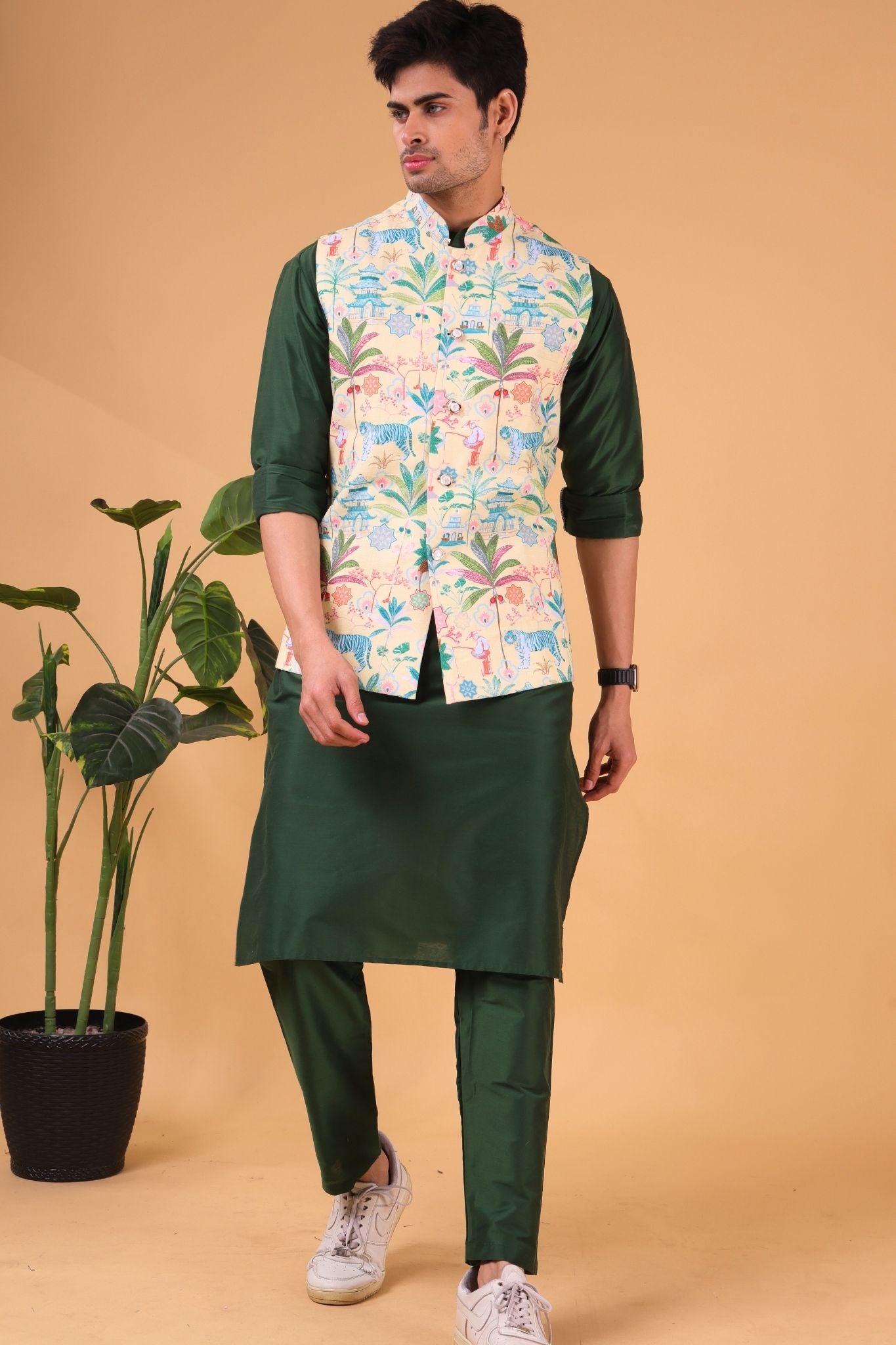 Shine of Yellow Tropical Paradise Linen Cotton Nehru Jacket