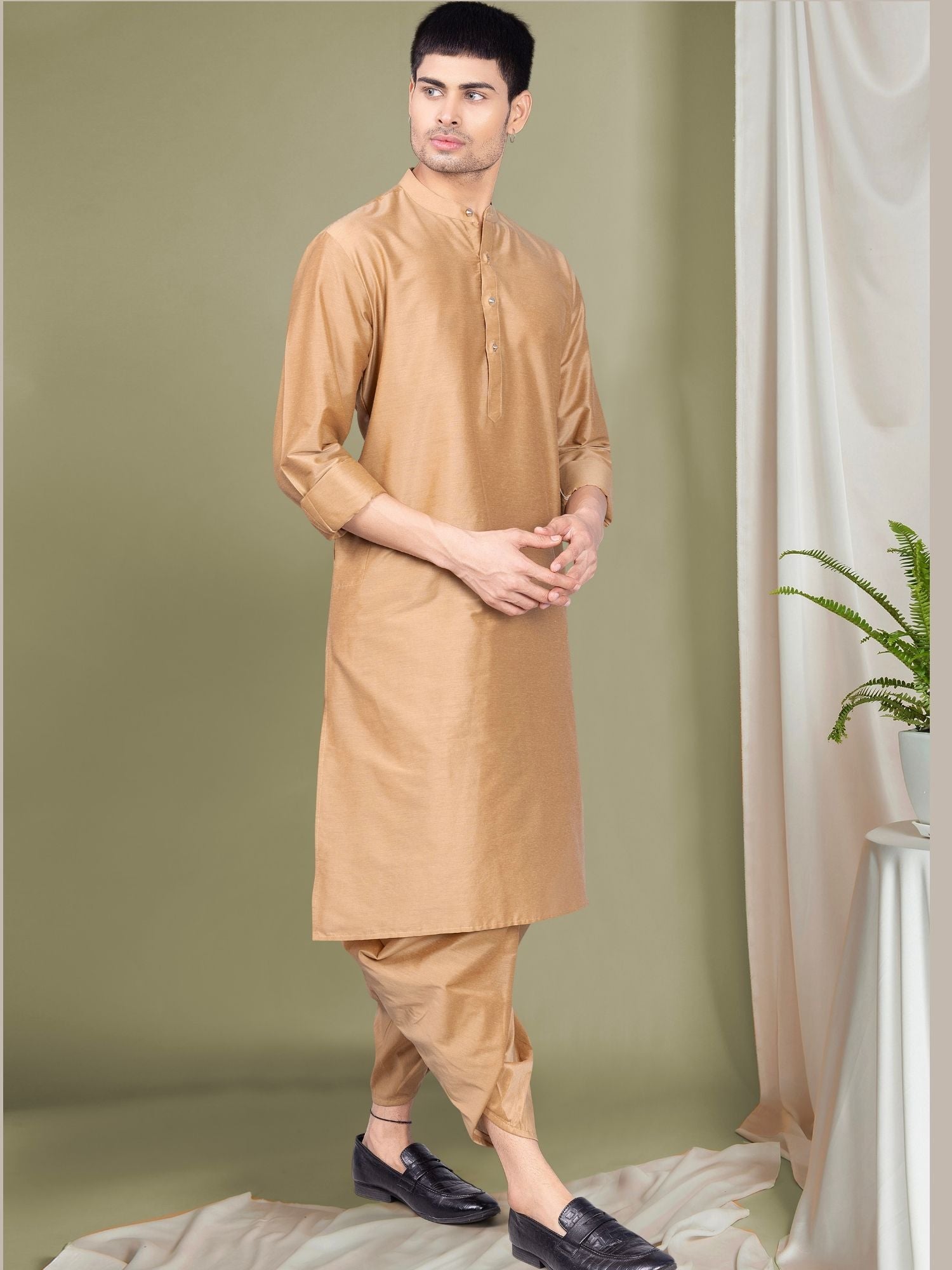 Cider Brown Solid Kurta Peshawari Set