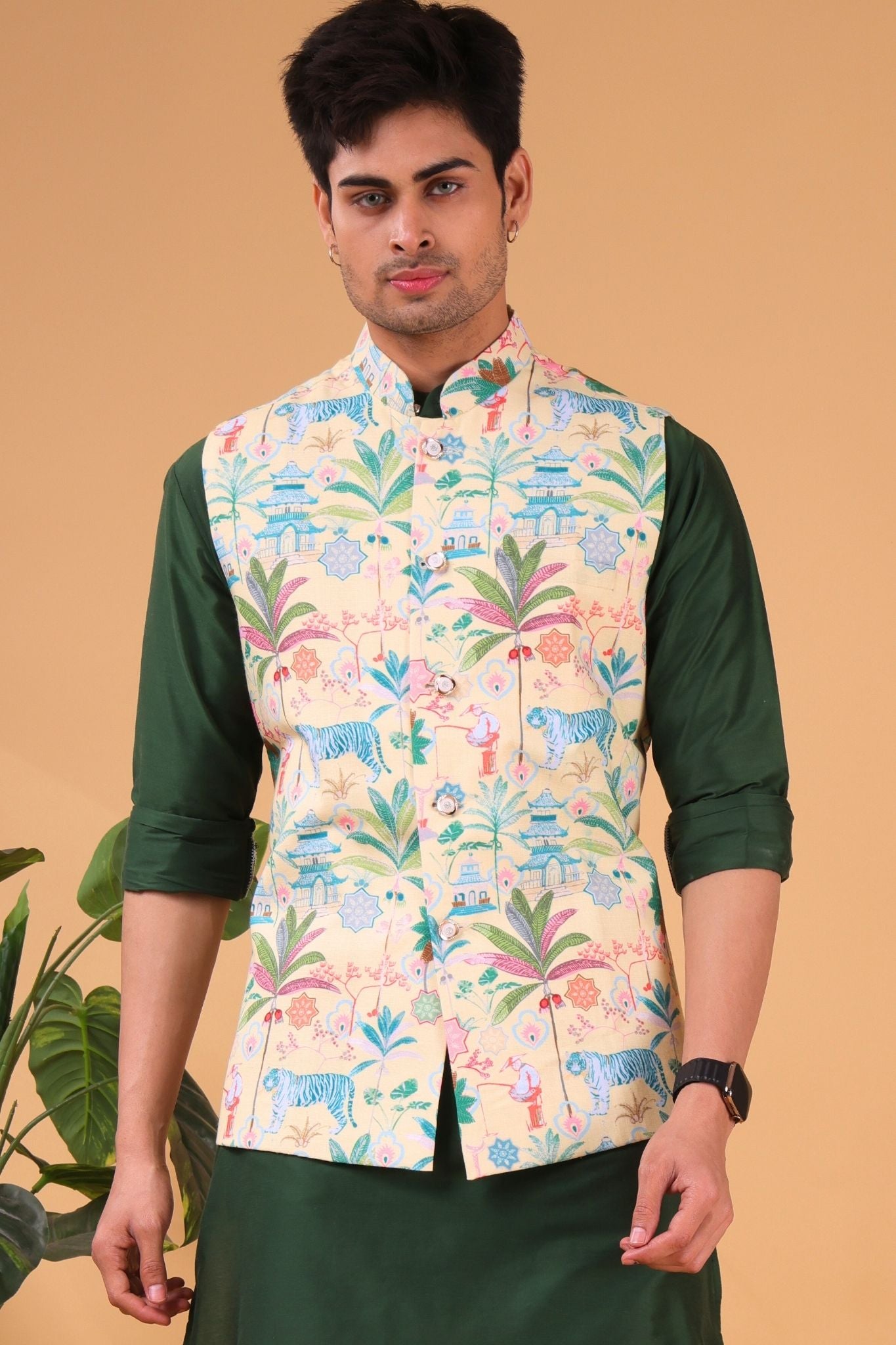 Shine of Yellow Tropical Paradise Linen Cotton Nehru Jacket