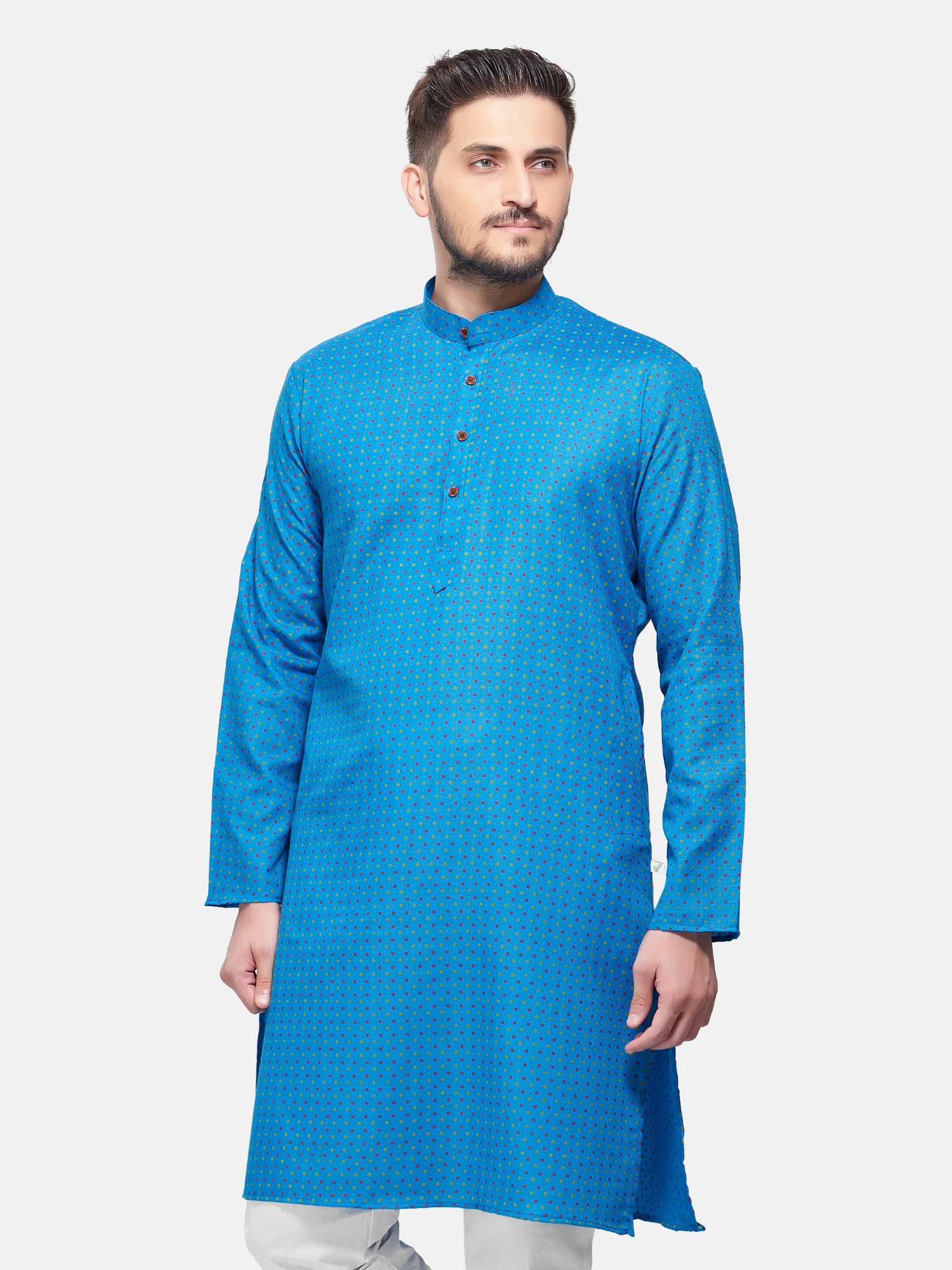 Azure Blue Dot Printed Cotton Kurta and Matching Dhoti